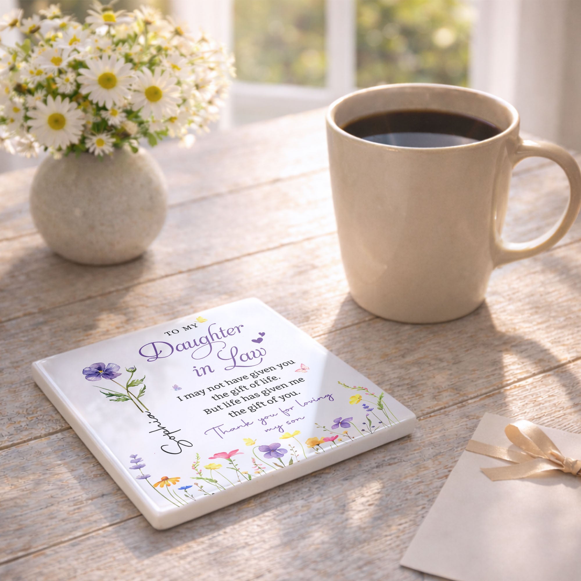 Personalized Floral Ceramic Coaster Gift for Daughter-in-Law Square Ceramic Coaster GradoCreations