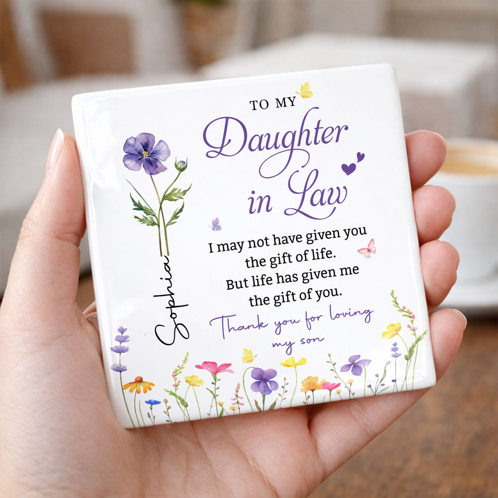 Personalized Floral Ceramic Coaster Gift for Daughter-in-Law Square Ceramic Coaster GradoCreations