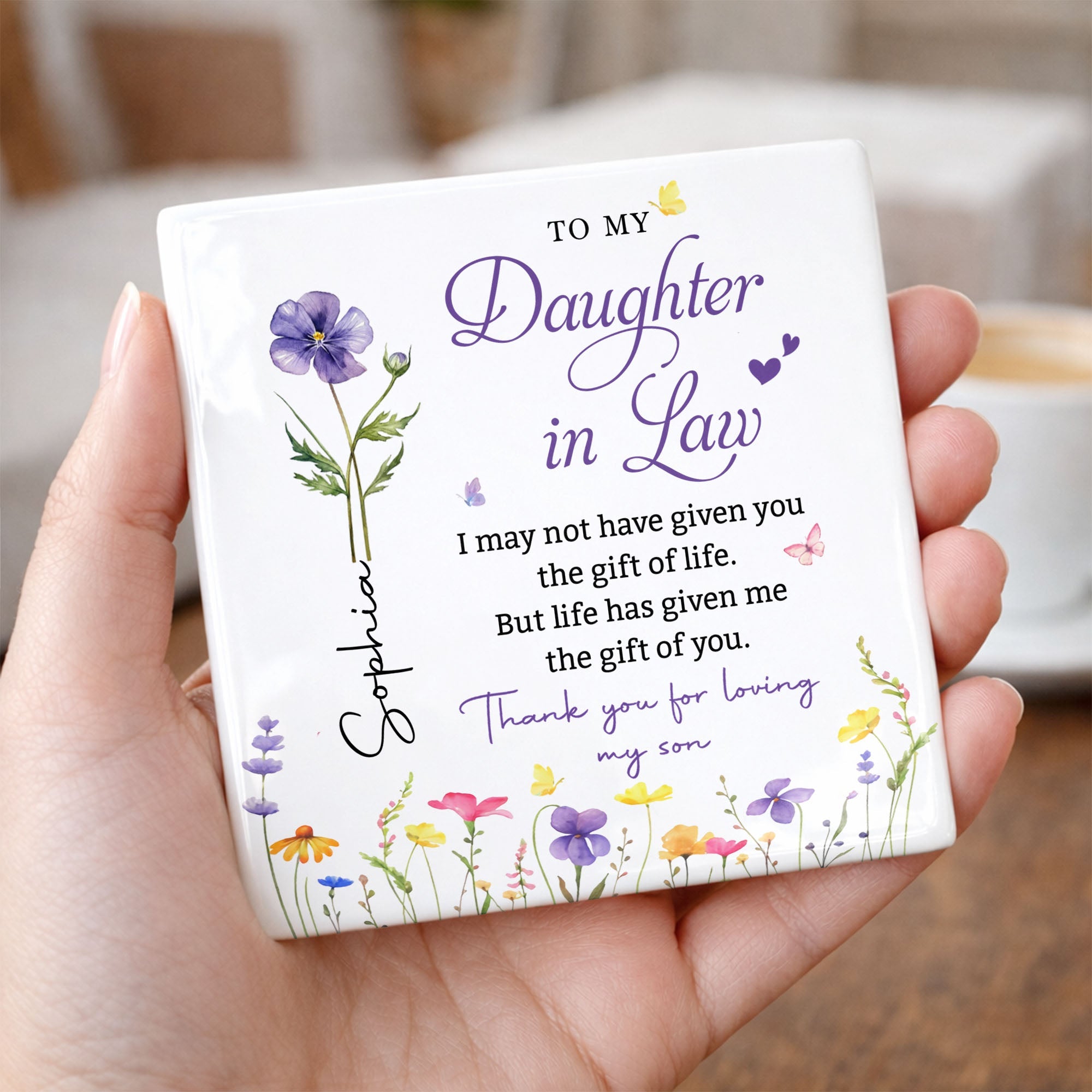 Personalized Floral Ceramic Coaster Gift for Daughter-in-Law Square Ceramic Coaster GradoCreations
