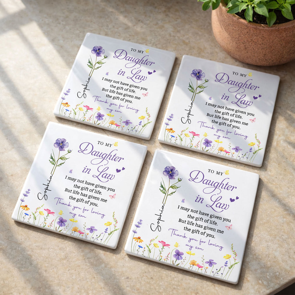 Personalized Floral Ceramic Coaster Gift for Daughter-in-Law Square Ceramic Coaster GradoCreations