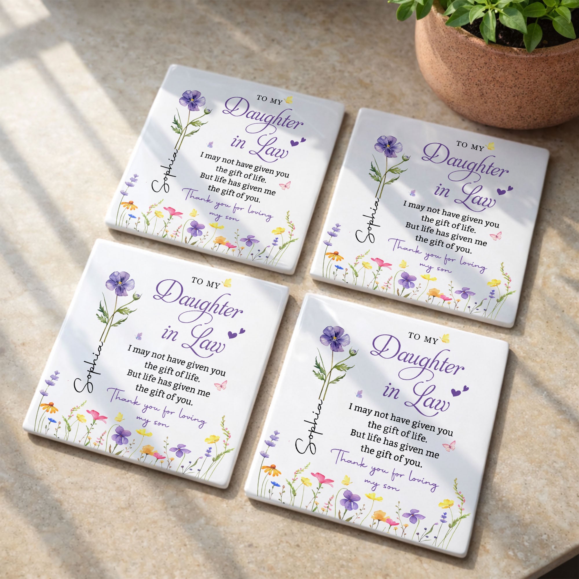 Personalized Floral Ceramic Coaster Gift for Daughter-in-Law Square Ceramic Coaster GradoCreations