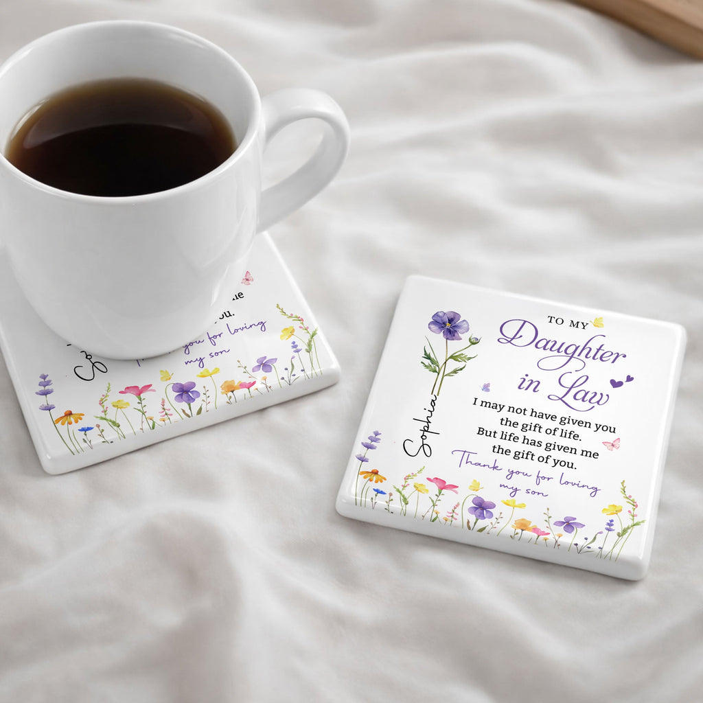 Personalized Floral Ceramic Coaster Gift for Daughter-in-Law Square Ceramic Coaster GradoCreations