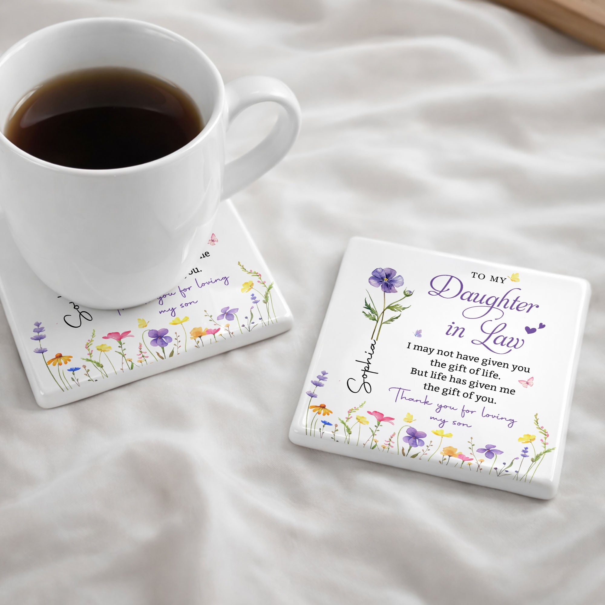 Personalized Floral Ceramic Coaster Gift for Daughter-in-Law Square Ceramic Coaster GradoCreations
