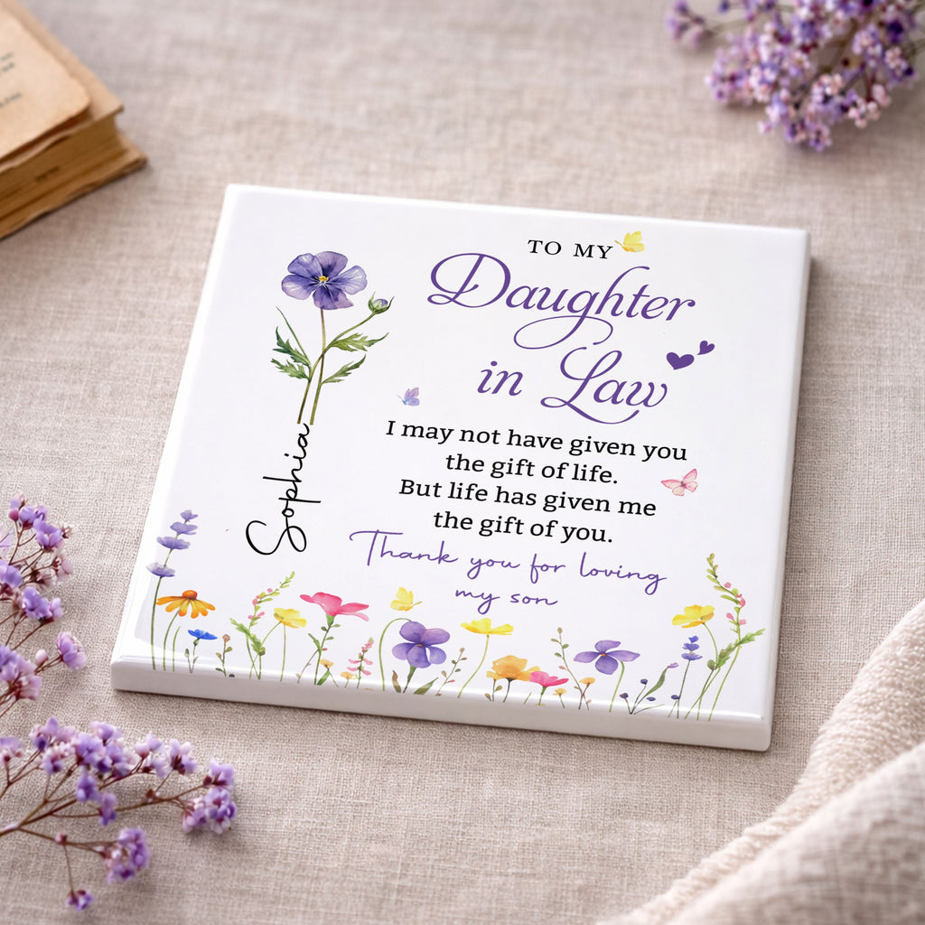 Personalized Floral Ceramic Coaster Gift for Daughter-in-Law Square Ceramic Coaster GradoCreations