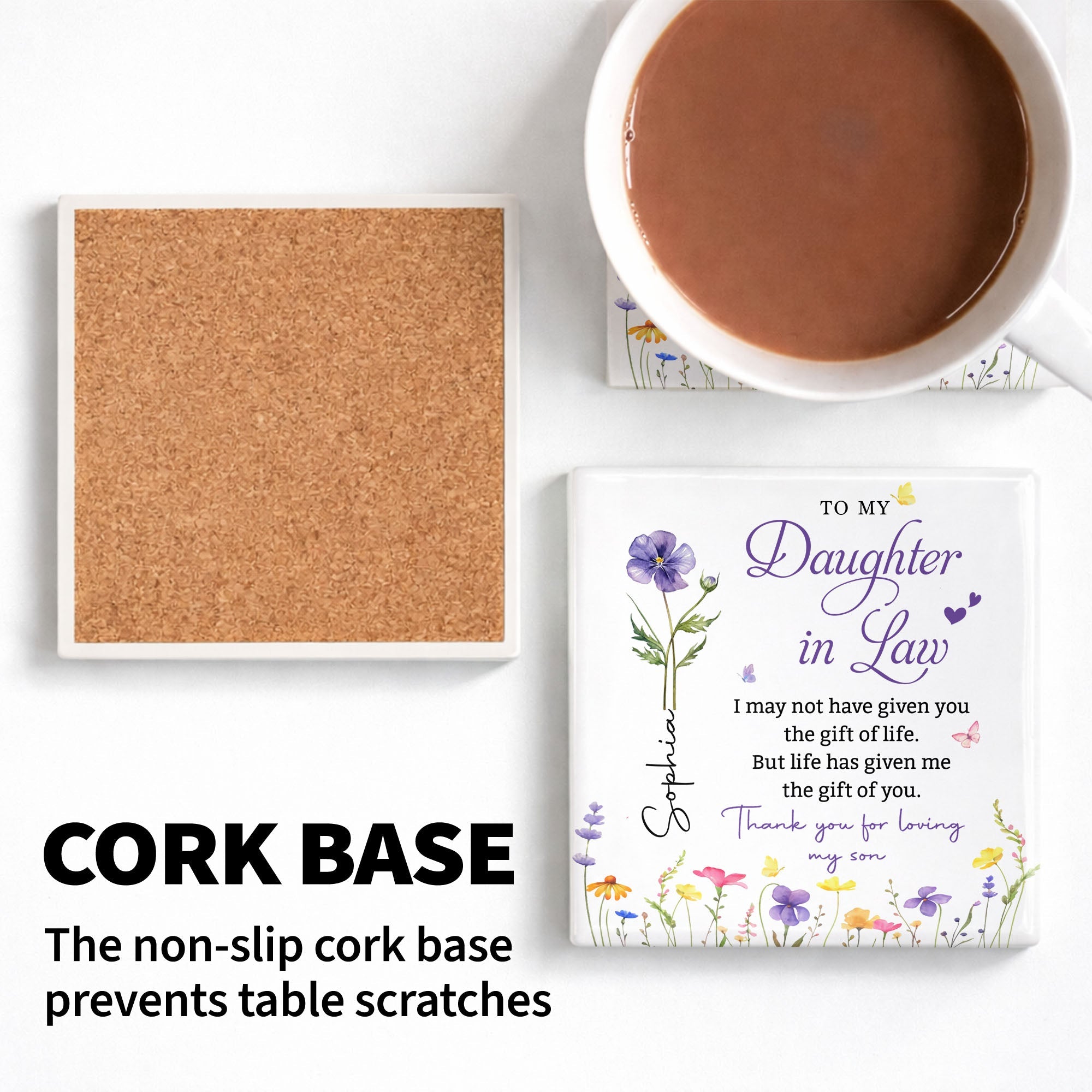 Personalized Floral Ceramic Coaster Gift for Daughter-in-Law Square Ceramic Coaster GradoCreations