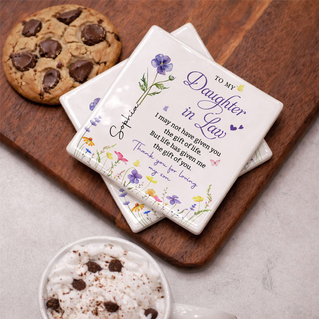 Personalized Floral Ceramic Coaster Gift for Daughter-in-Law Square Ceramic Coaster GradoCreations