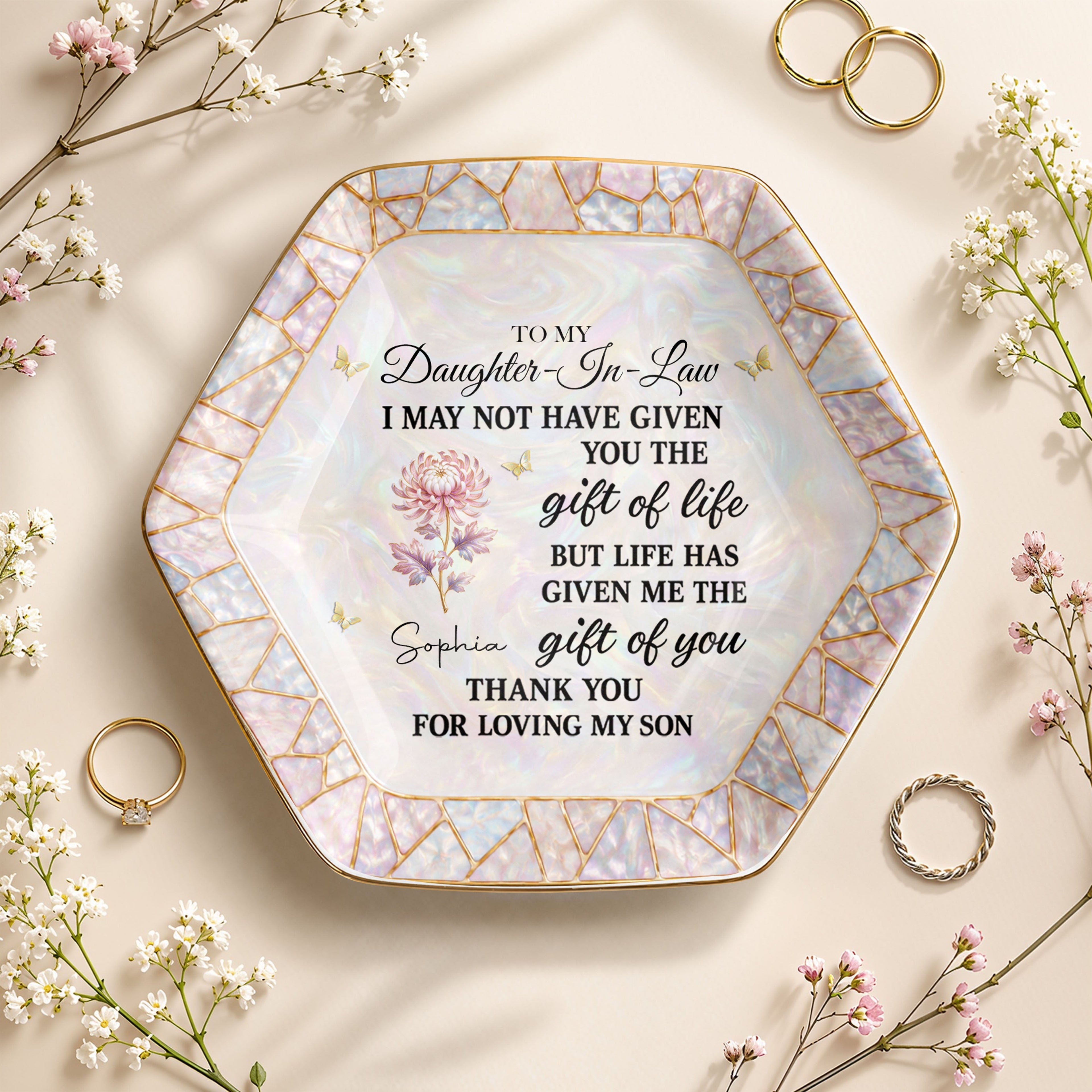 Personalized Ceramic Jewelry Dish Custom Name Hexagon Gift for Daughter-in-Law