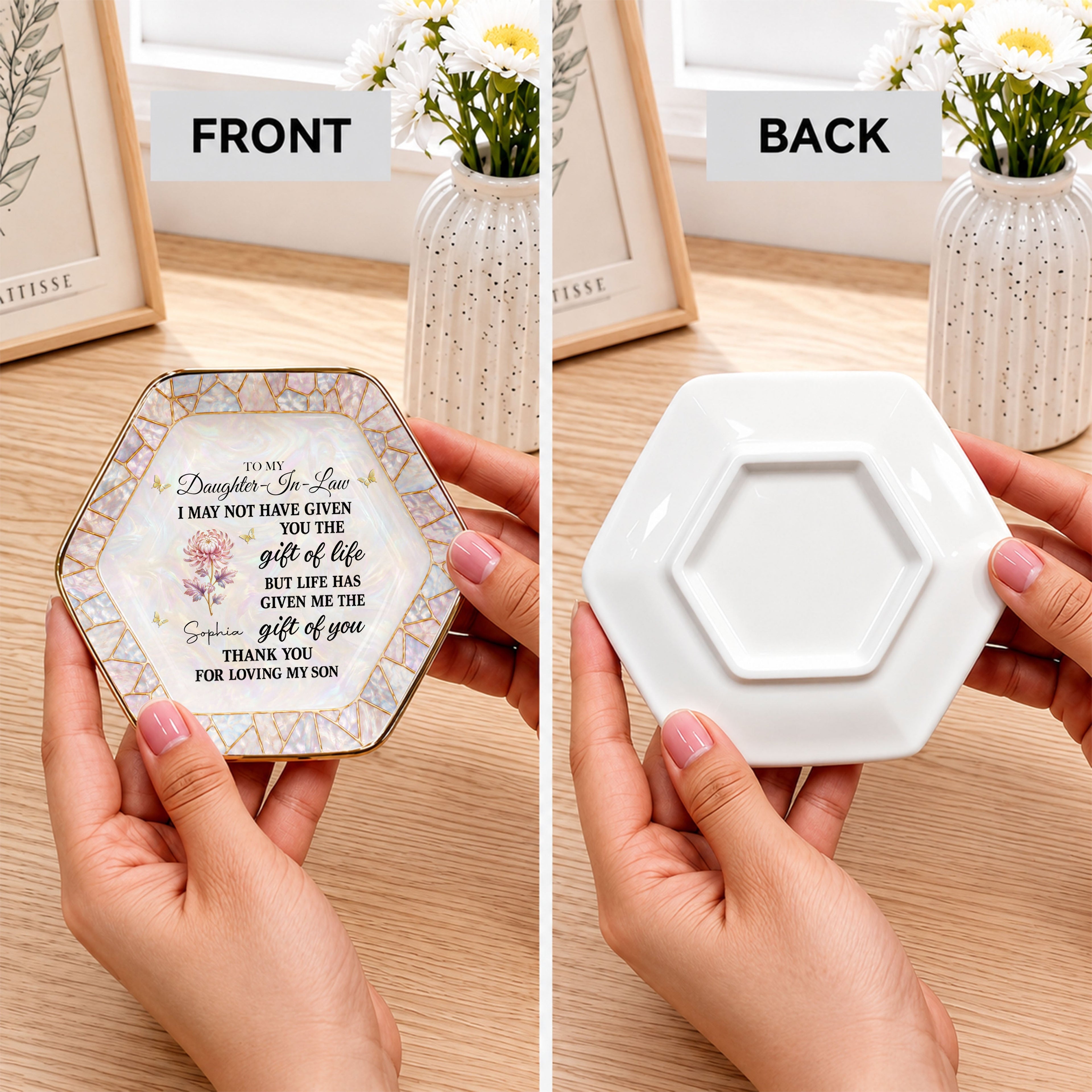Personalized Ceramic Jewelry Dish Custom Name Hexagon Gift for Daughter-in-Law