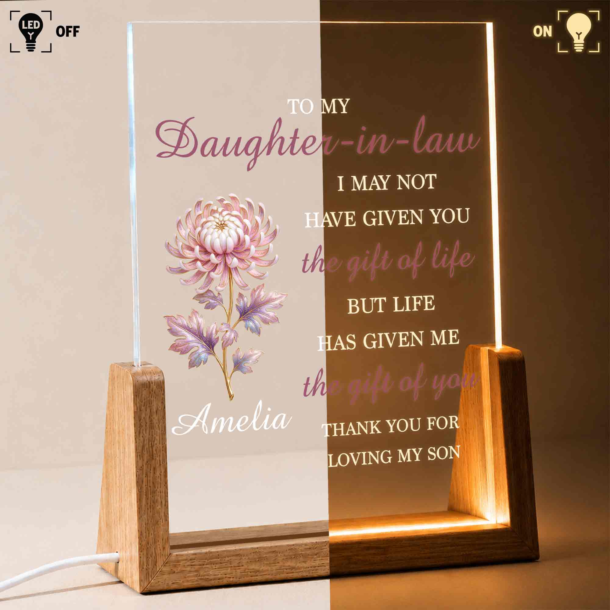 Personalized Acrylic Night Light Gift for Daughter-in-Law Wood and Acrylic Night Light GradoCreations