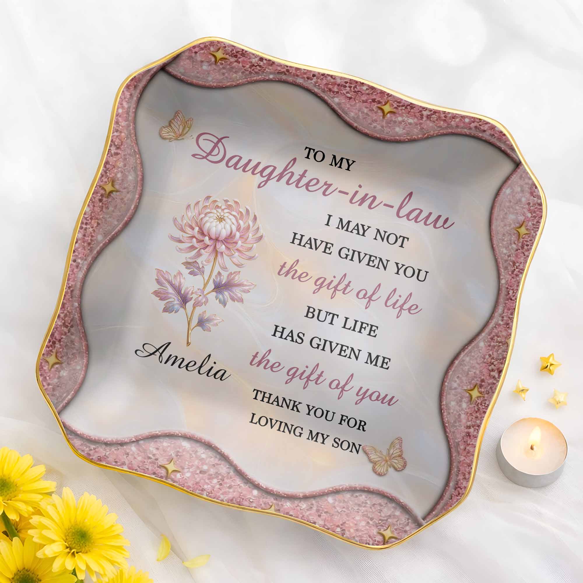 Personalized Lace Jewelry Dish Custom Name Gift for Daughter-in-Law Lace Square Jewelry Dish GradoCreations