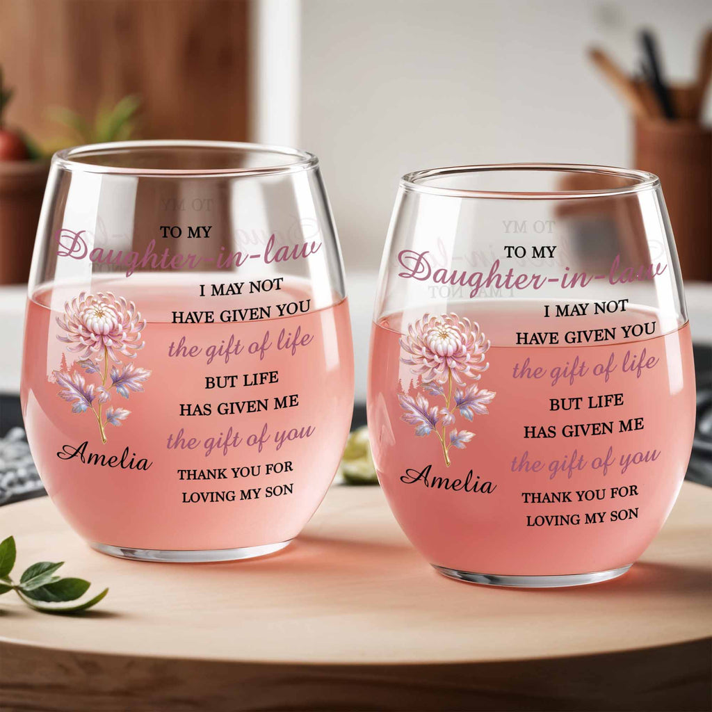 Personalized Stemless Wine Glass Birth Month Flower Gift for Daughter-in-Law Wine Glasses GradoCreations