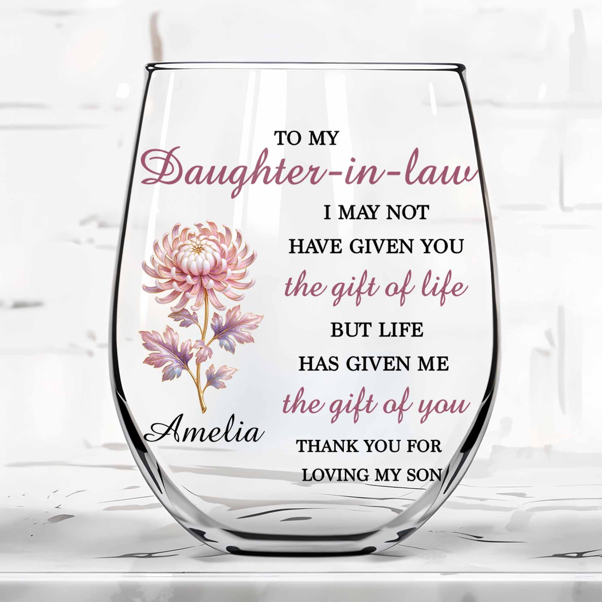 Personalized Stemless Wine Glass Birth Month Flower Gift for Daughter-in-Law Wine Glasses GradoCreations