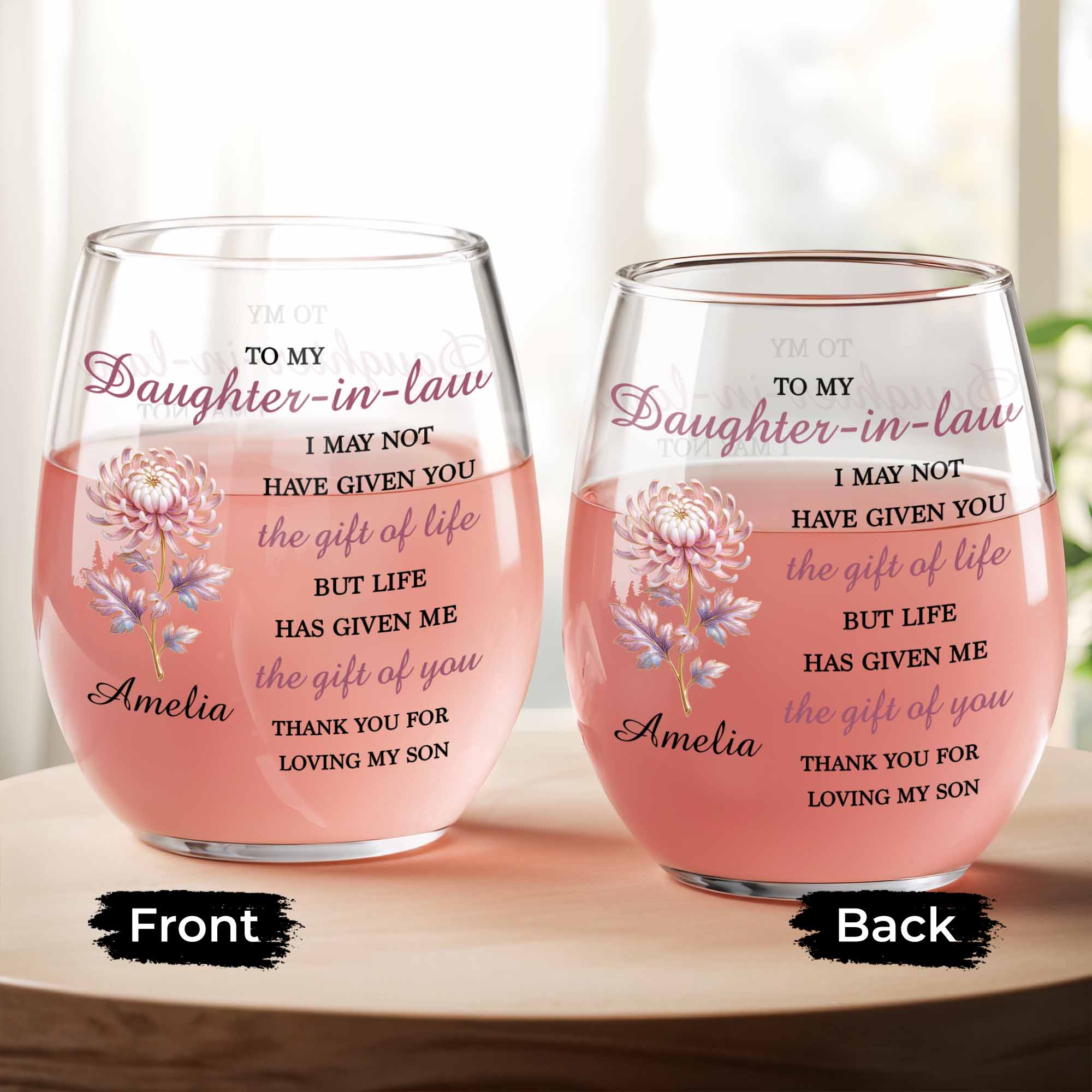 Personalized Stemless Wine Glass Birth Month Flower Gift for Daughter-in-Law Wine Glasses GradoCreations