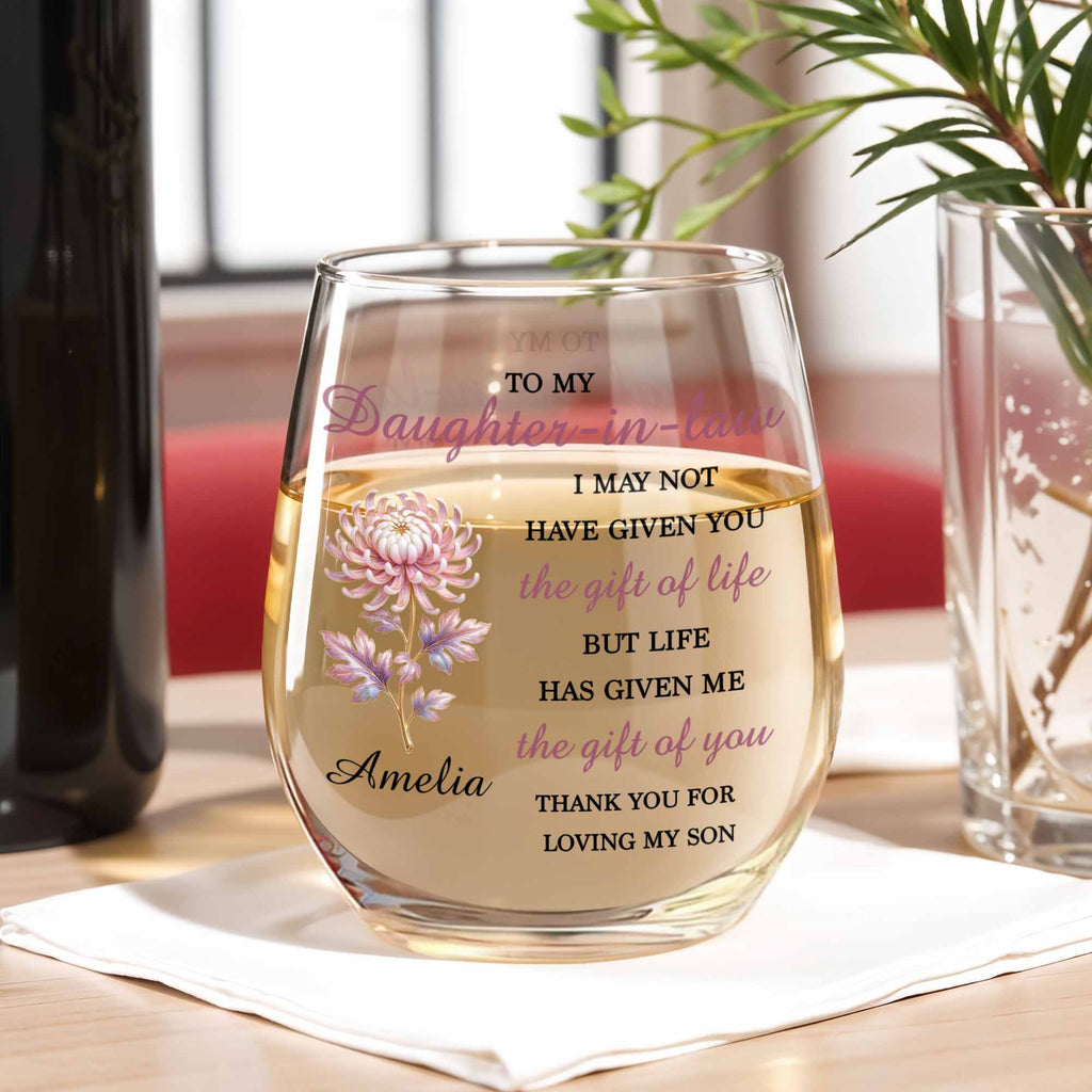 Personalized Stemless Wine Glass Birth Month Flower Gift for Daughter-in-Law Wine Glasses GradoCreations