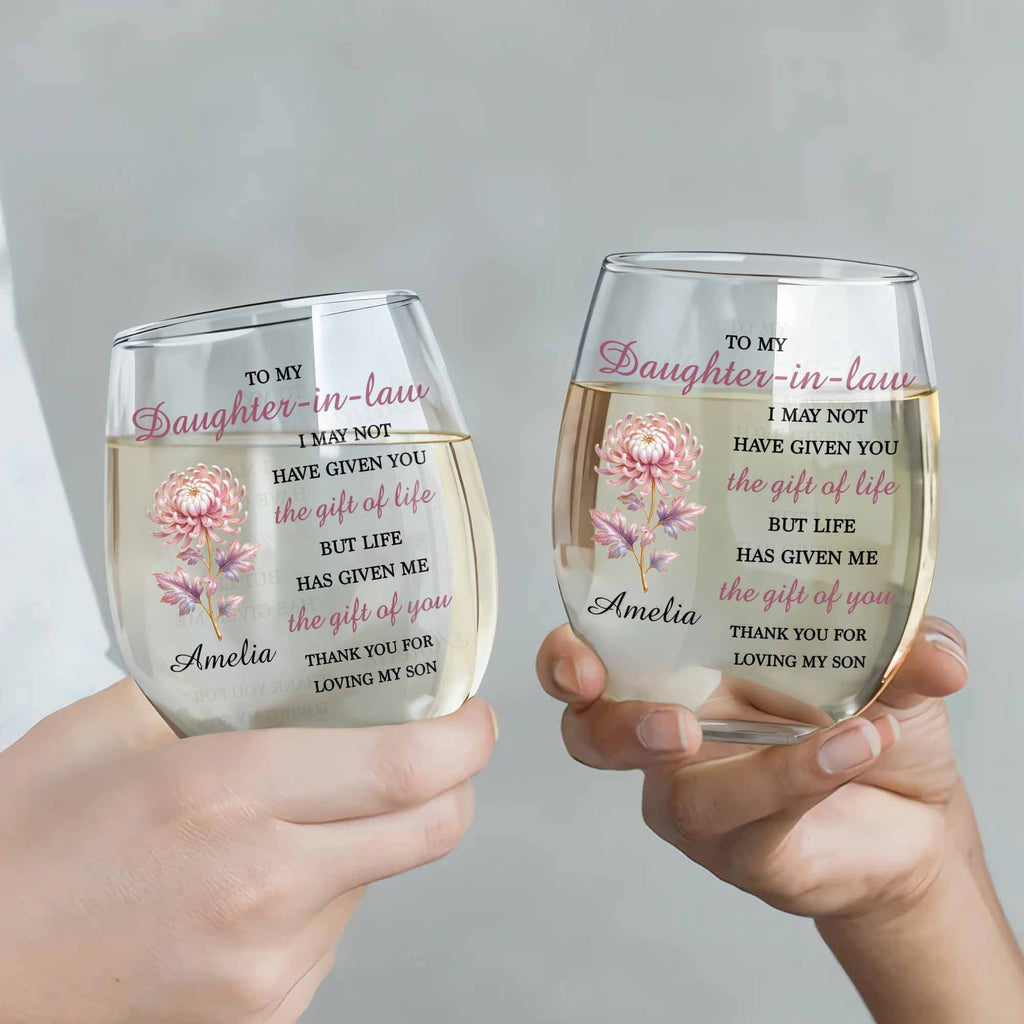 Personalized Stemless Wine Glass Birth Month Flower Gift for Daughter-in-Law Wine Glasses GradoCreations