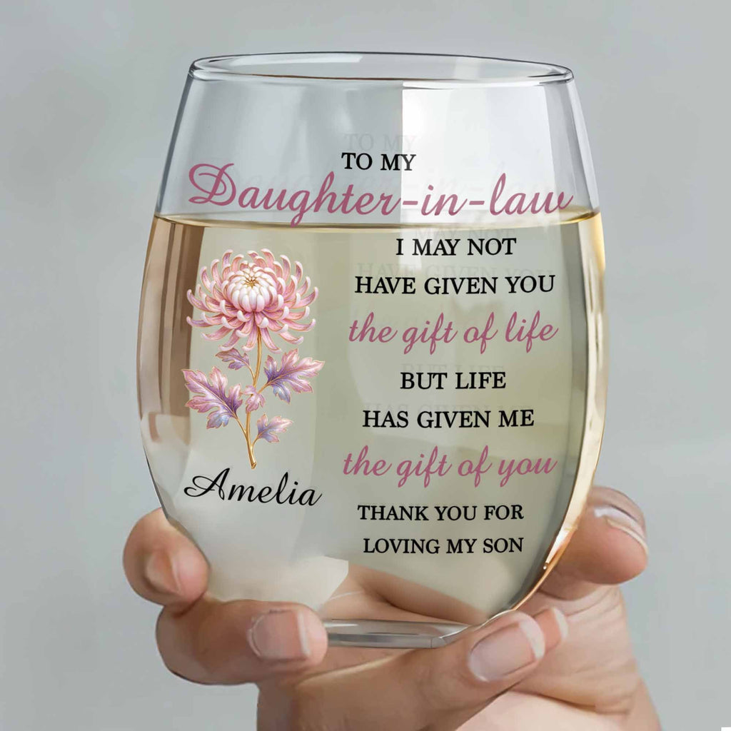 Personalized Stemless Wine Glass Birth Month Flower Gift for Daughter-in-Law Wine Glasses GradoCreations
