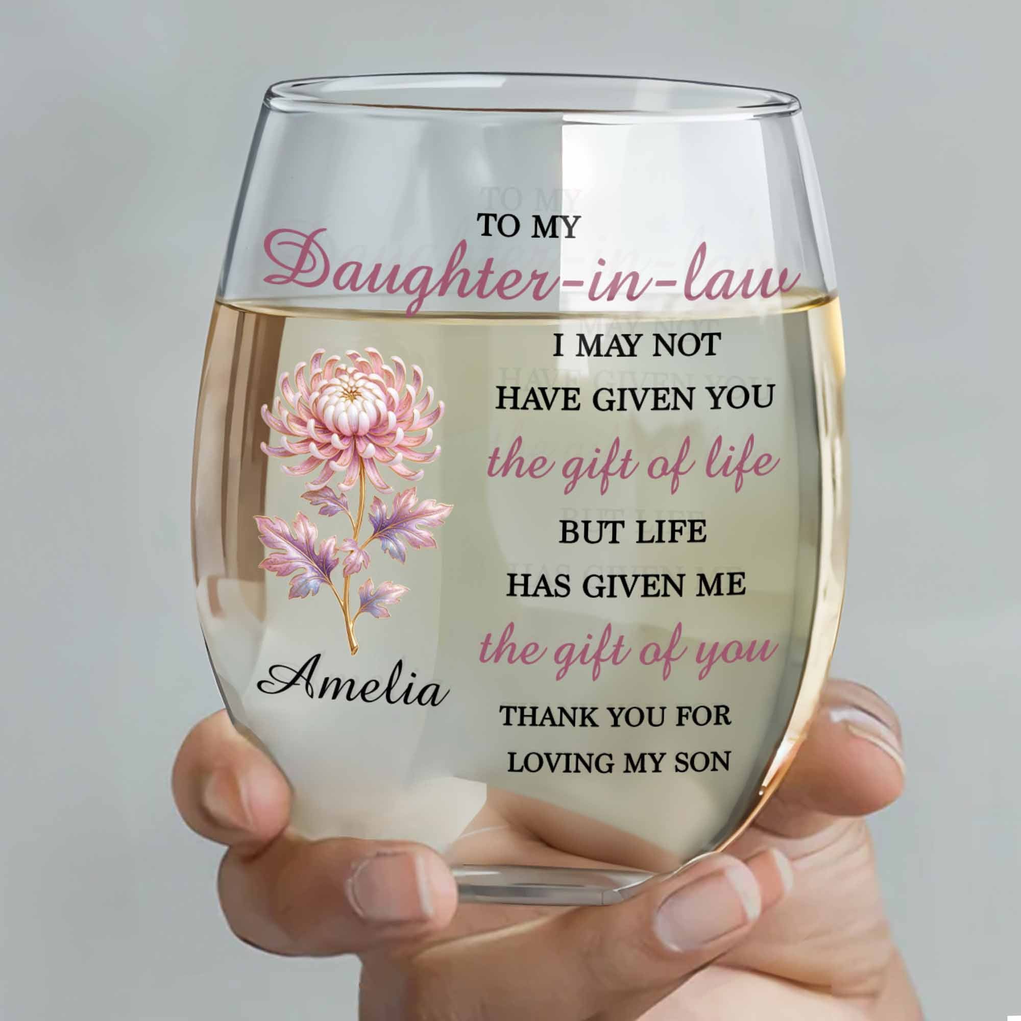 Personalized Stemless Wine Glass Birth Month Flower Gift for Daughter-in-Law Wine Glasses GradoCreations