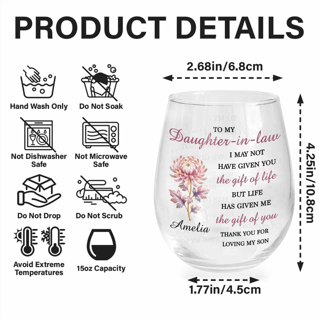 Personalized Stemless Wine Glass Birth Month Flower Gift for Daughter-in-Law Wine Glasses GradoCreations