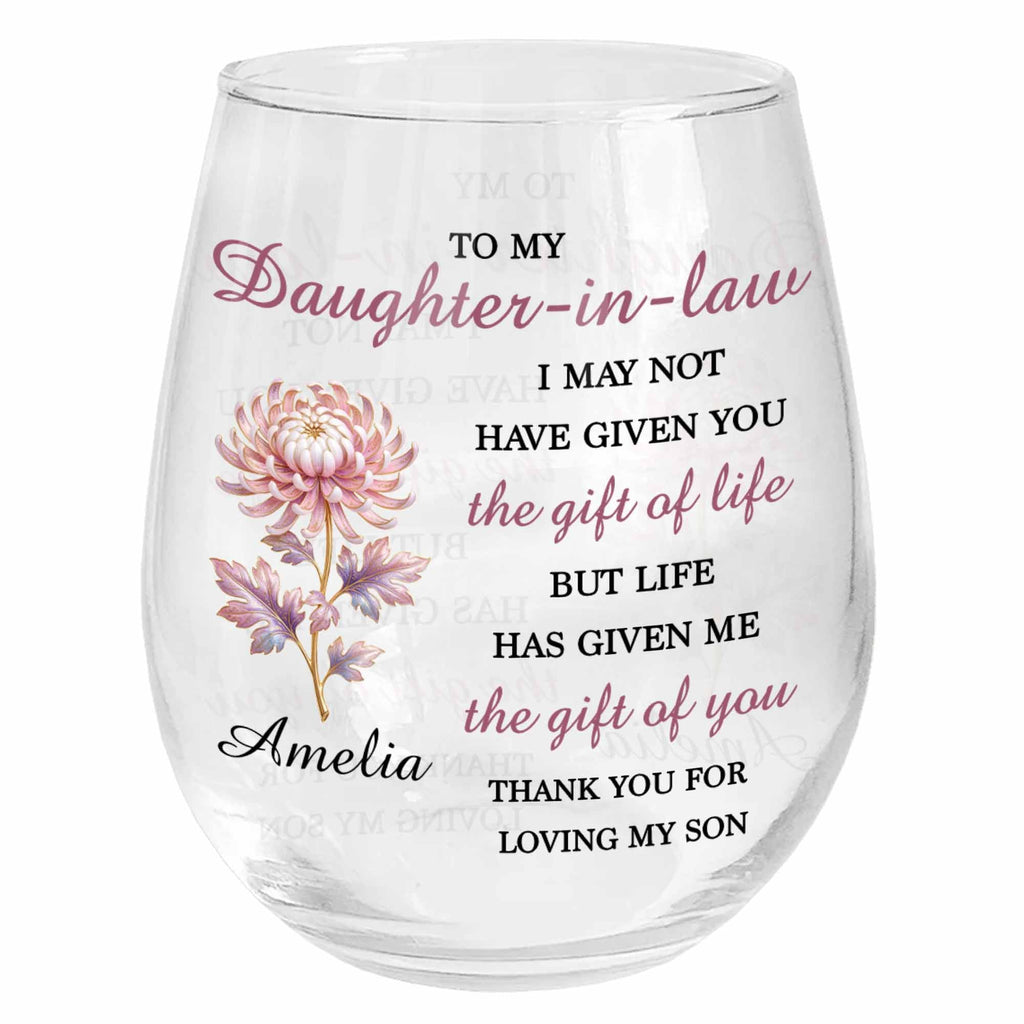 Personalized Stemless Wine Glass Birth Month Flower Gift for Daughter-in-Law Wine Glasses GradoCreations