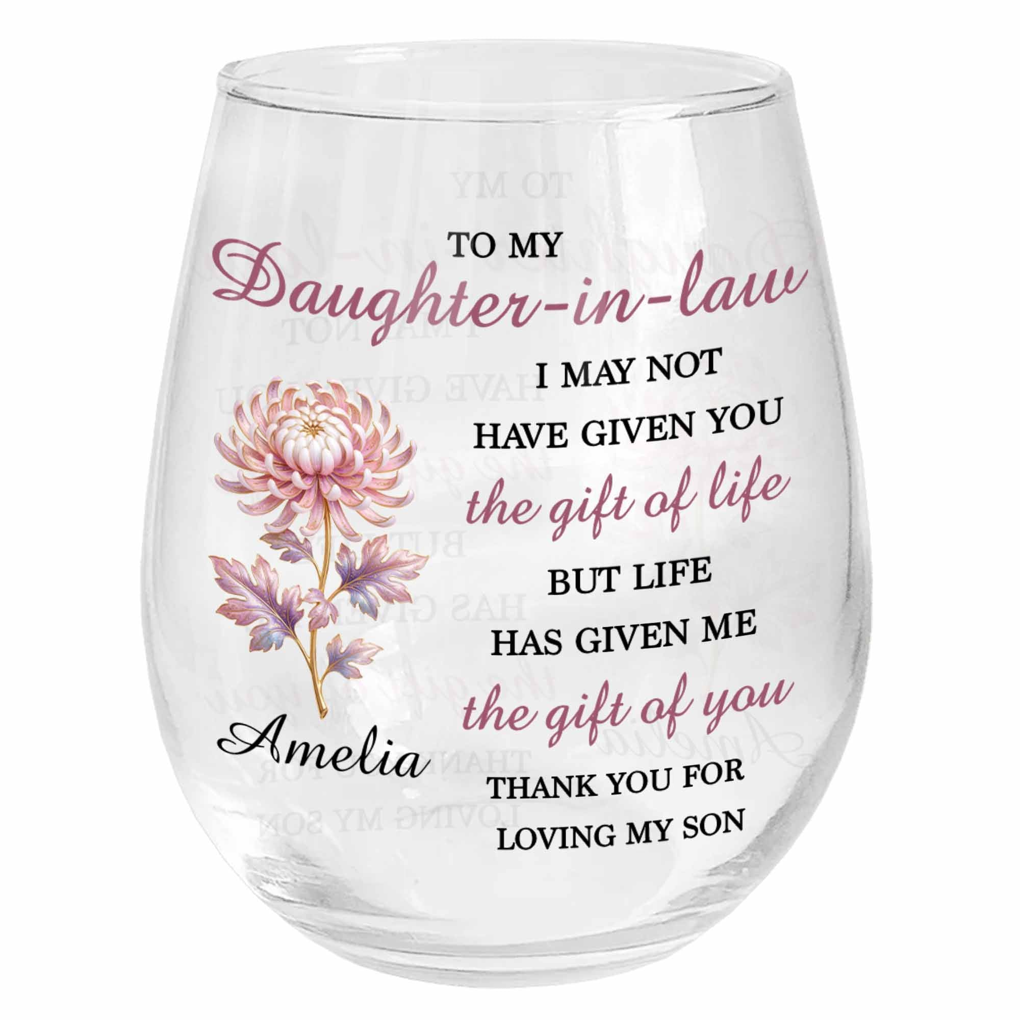 Personalized Stemless Wine Glass Birth Month Flower Gift for Daughter-in-Law Wine Glasses GradoCreations