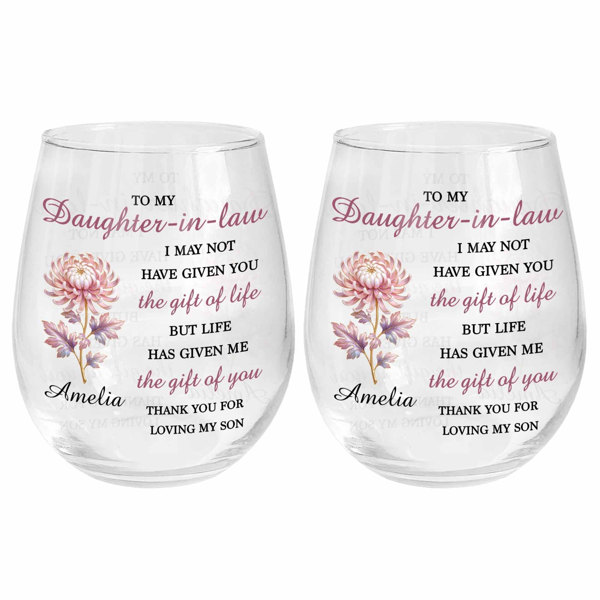 Personalized Stemless Wine Glass Birth Month Flower Gift for Daughter-in-Law Wine Glasses GradoCreations