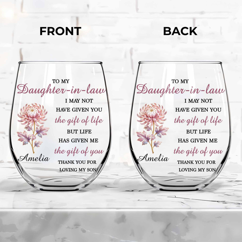 Personalized Stemless Wine Glass Birth Month Flower Gift for Daughter-in-Law Wine Glasses GradoCreations