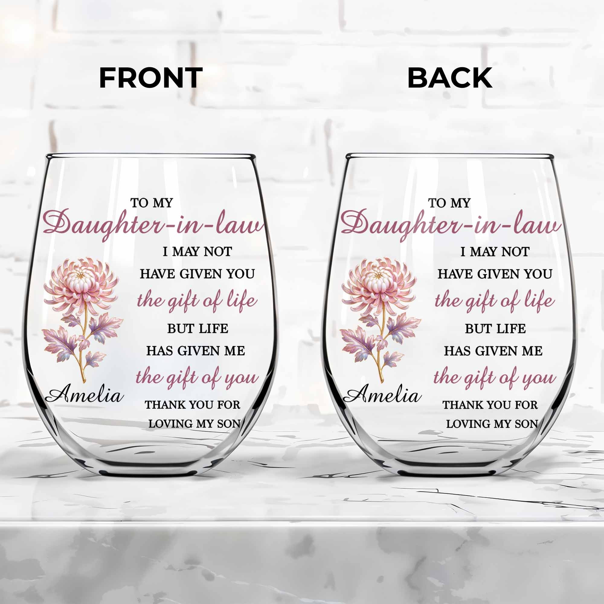 Personalized Stemless Wine Glass Birth Month Flower Gift for Daughter-in-Law Wine Glasses GradoCreations