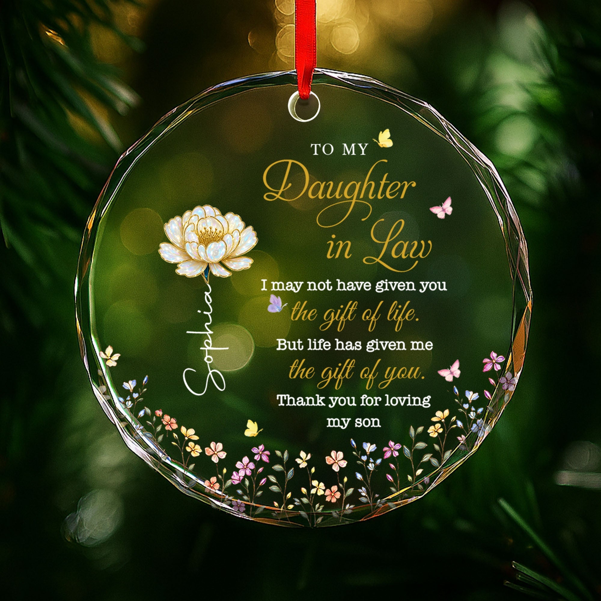 Personalized Glass Circle Ornament Custom Flowers for Daughter-in-Law Glass Circle Ornament GradoCreations