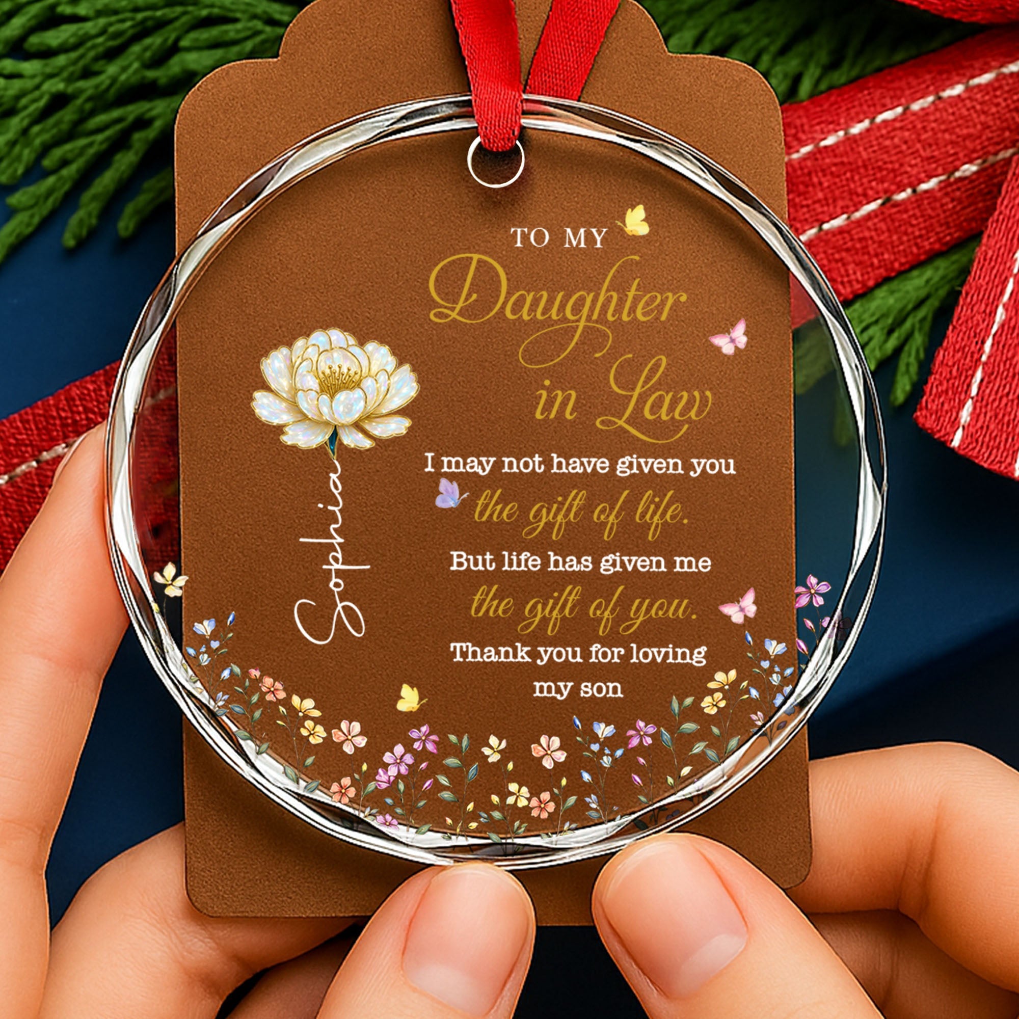 Personalized Glass Circle Ornament Custom Flowers for Daughter-in-Law Glass Circle Ornament GradoCreations