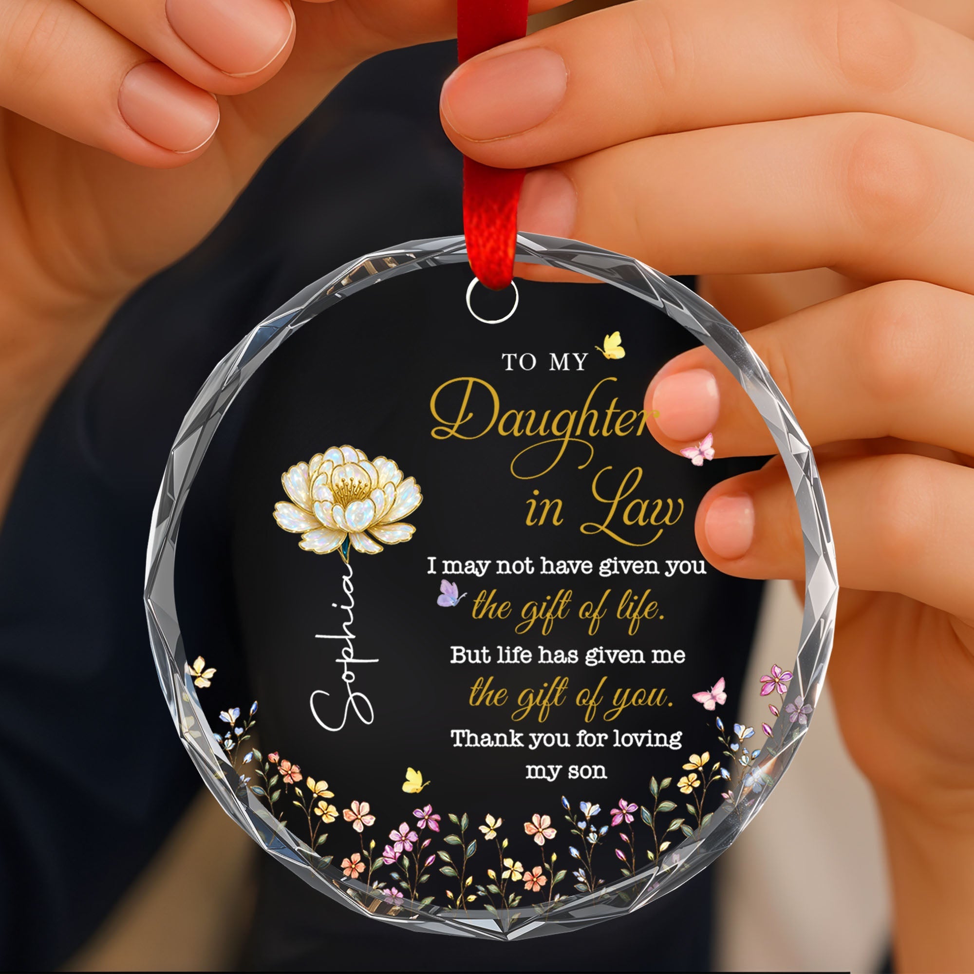 Personalized Glass Circle Ornament Custom Flowers for Daughter-in-Law Glass Circle Ornament GradoCreations