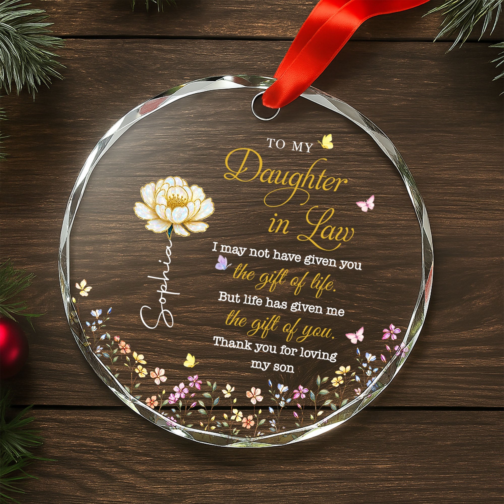 Personalized Glass Circle Ornament Custom Flowers for Daughter-in-Law Glass Circle Ornament GradoCreations