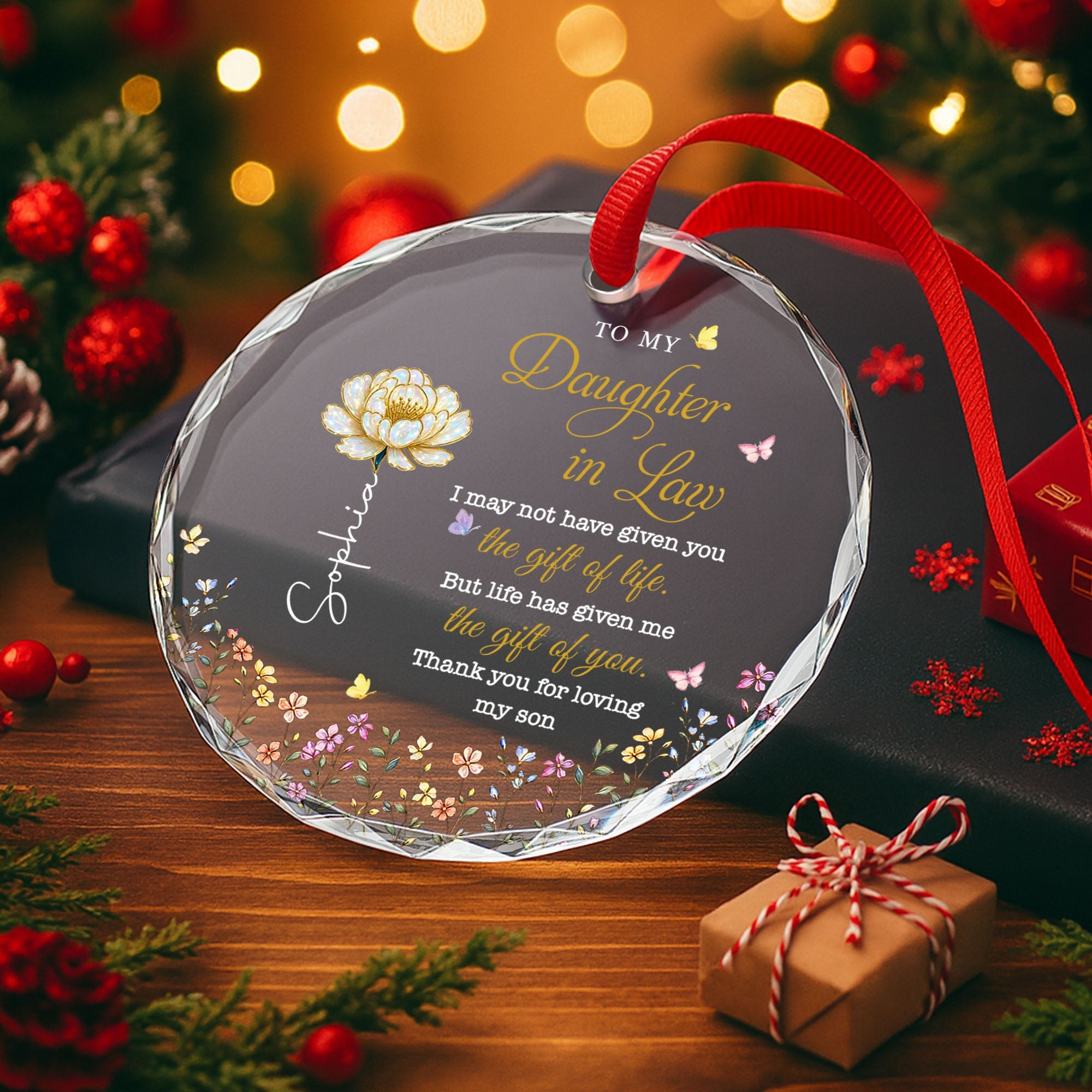 Personalized Glass Circle Ornament Custom Flowers for Daughter-in-Law Glass Circle Ornament GradoCreations