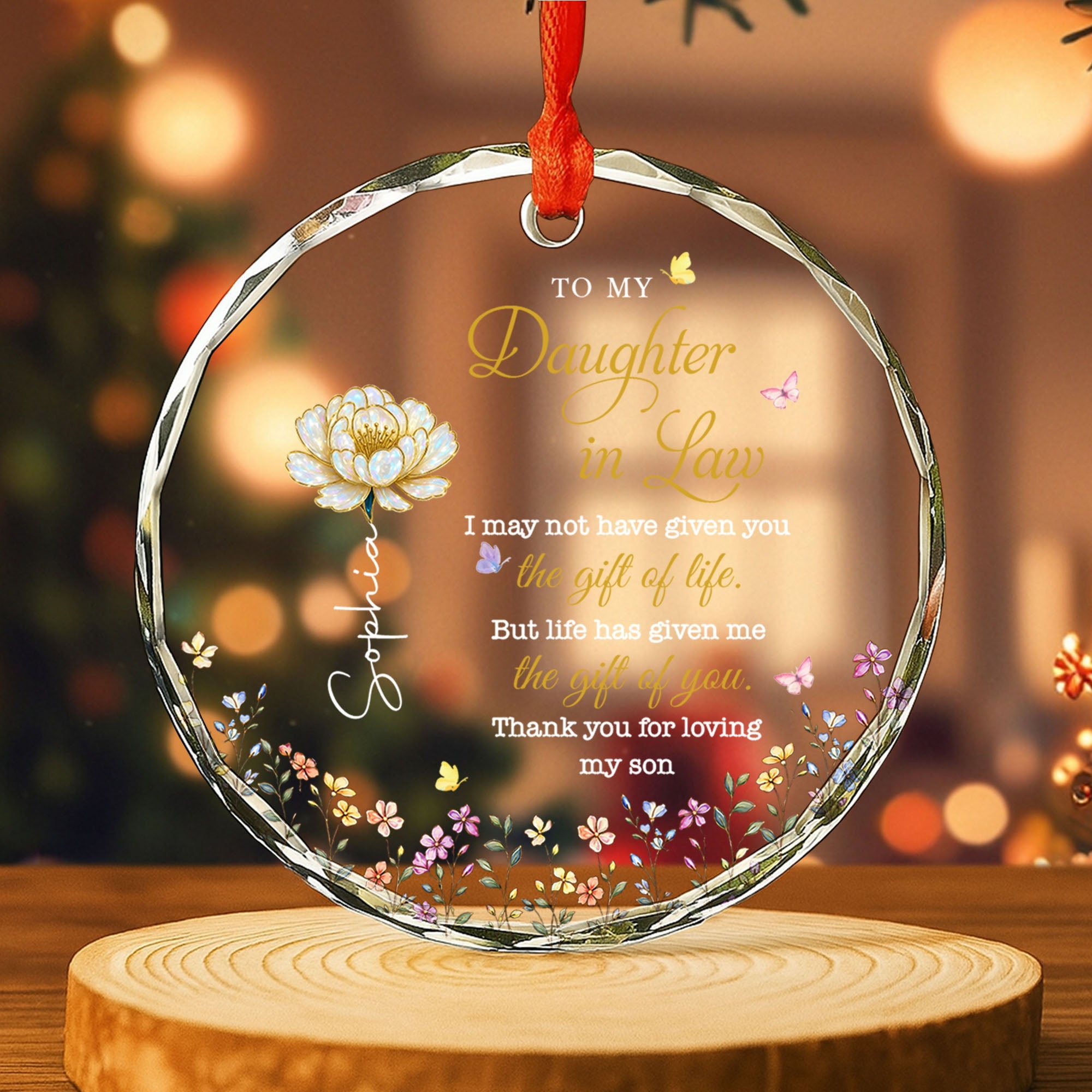Personalized Glass Circle Ornament Custom Flowers for Daughter-in-Law Glass Circle Ornament GradoCreations