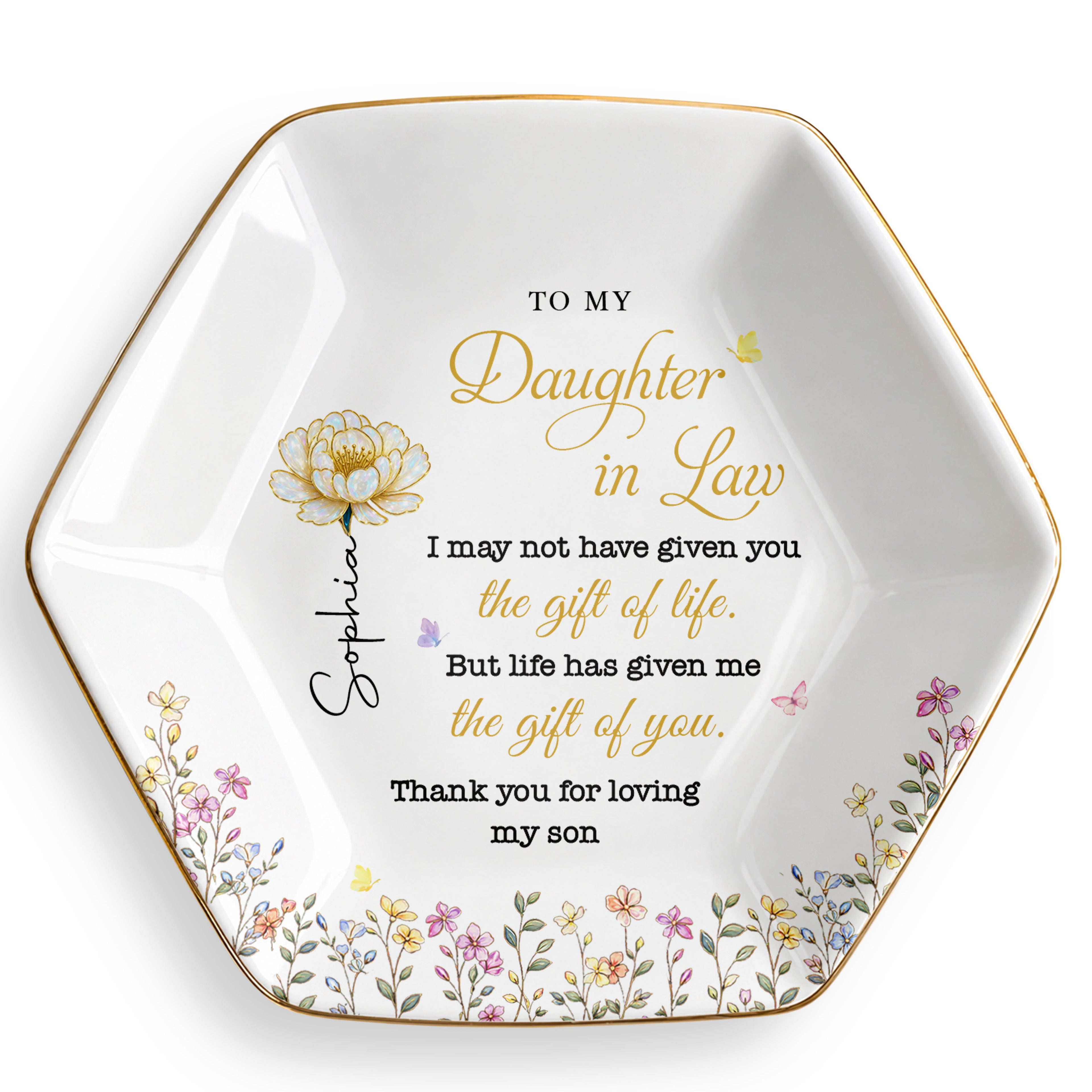 Personalized Hexagonal Jewelry Dish Custom Birth Month Flowers Gift for Daughter-In-Law