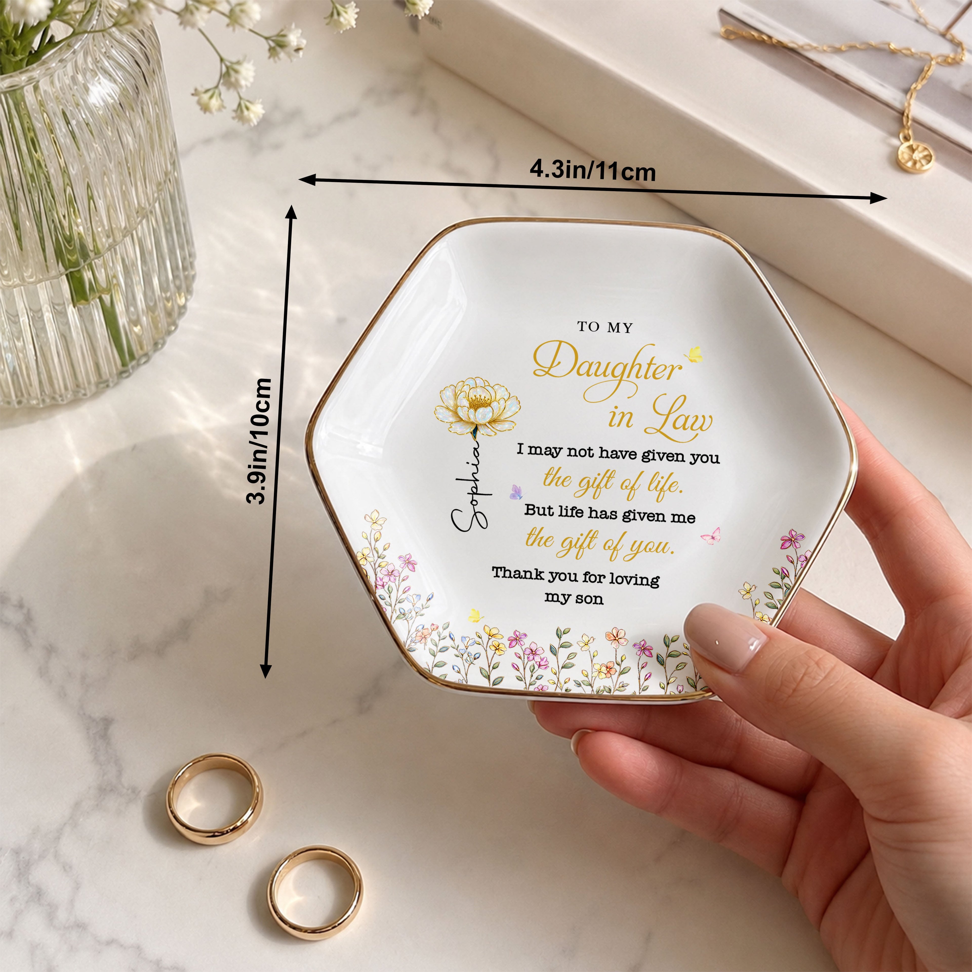 Personalized Hexagonal Jewelry Dish Custom Birth Month Flowers Gift for Daughter-In-Law