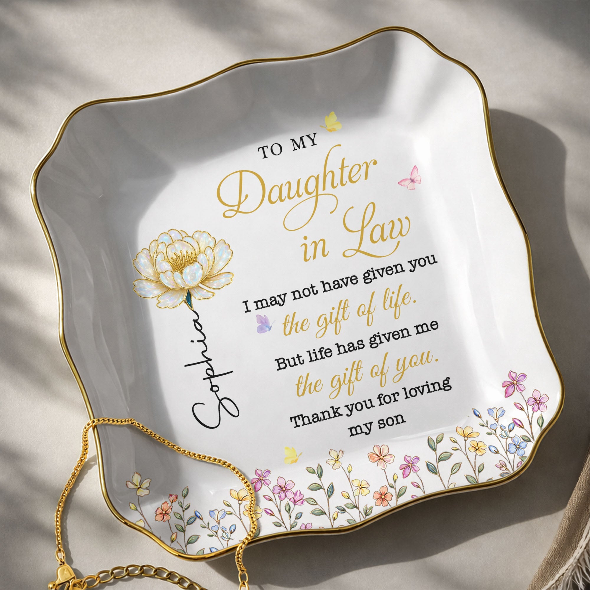 Personalized Lace Jewelry Dish Custom Name Gift for Daughter-in-Law Lace Square Jewelry Dish GradoCreations