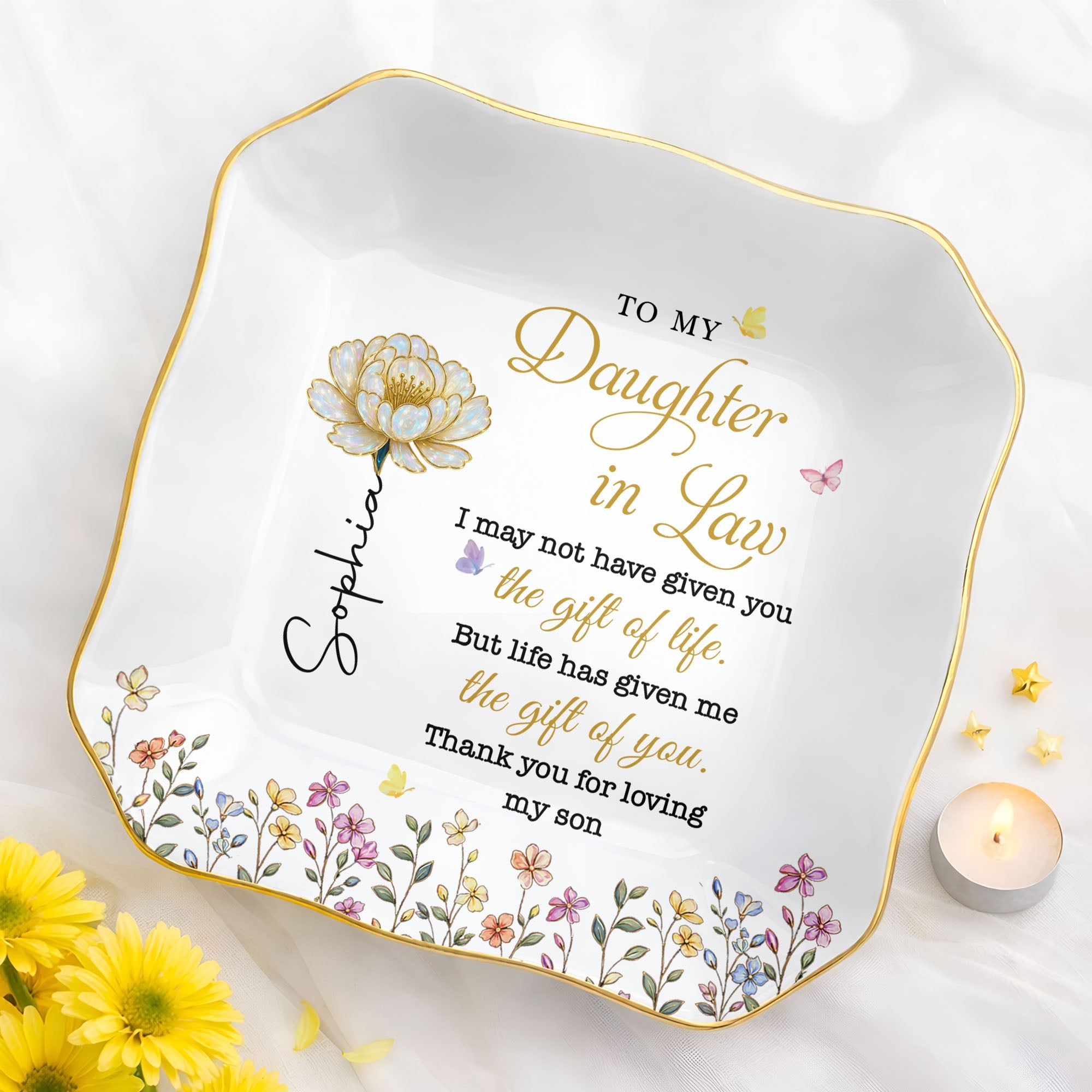 Personalized Lace Jewelry Dish Custom Name Gift for Daughter-in-Law Lace Square Jewelry Dish GradoCreations