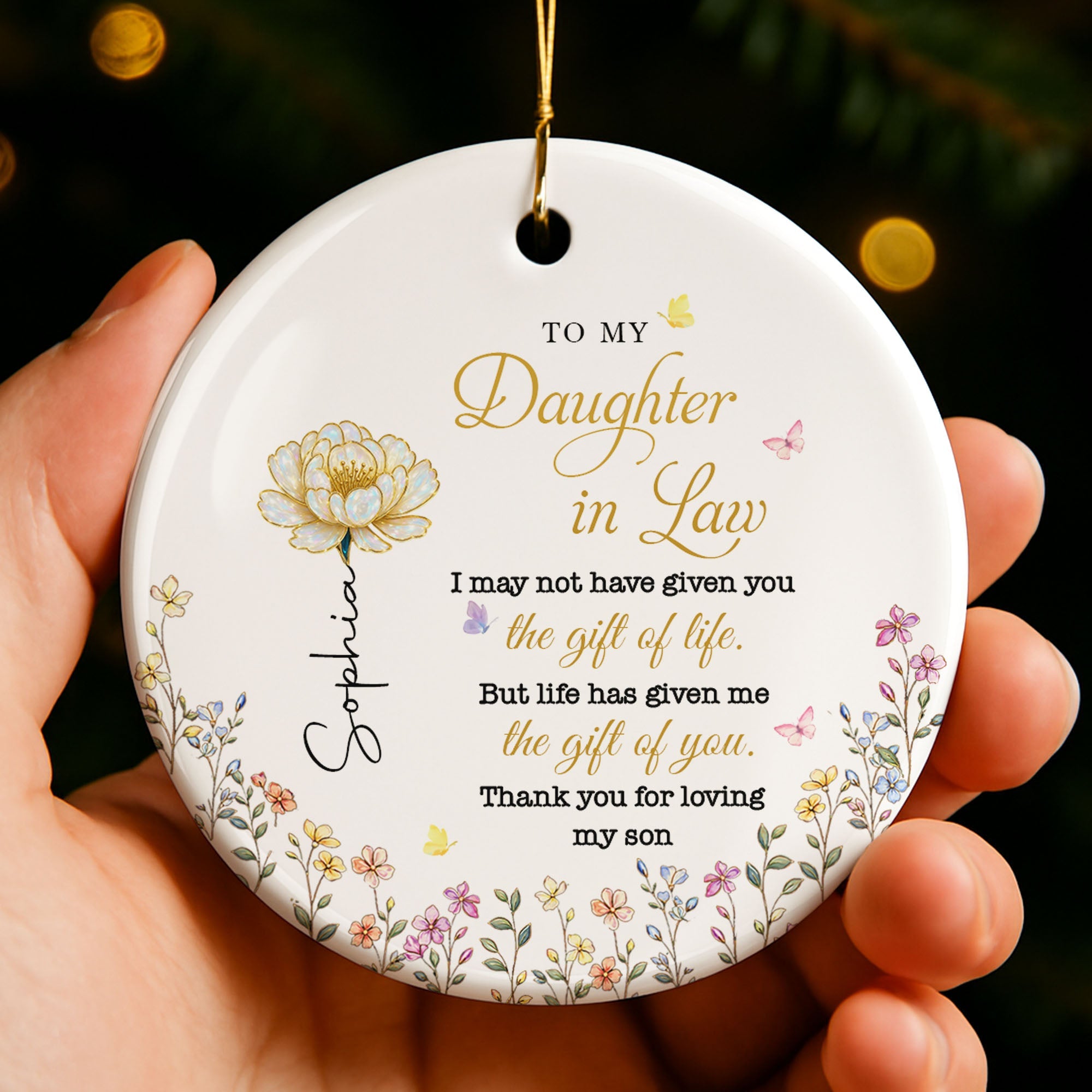 Personalized Ceramic Ornament for Daughter-in-Law Gift with Flowers Ceramic Ornament GradoCreations