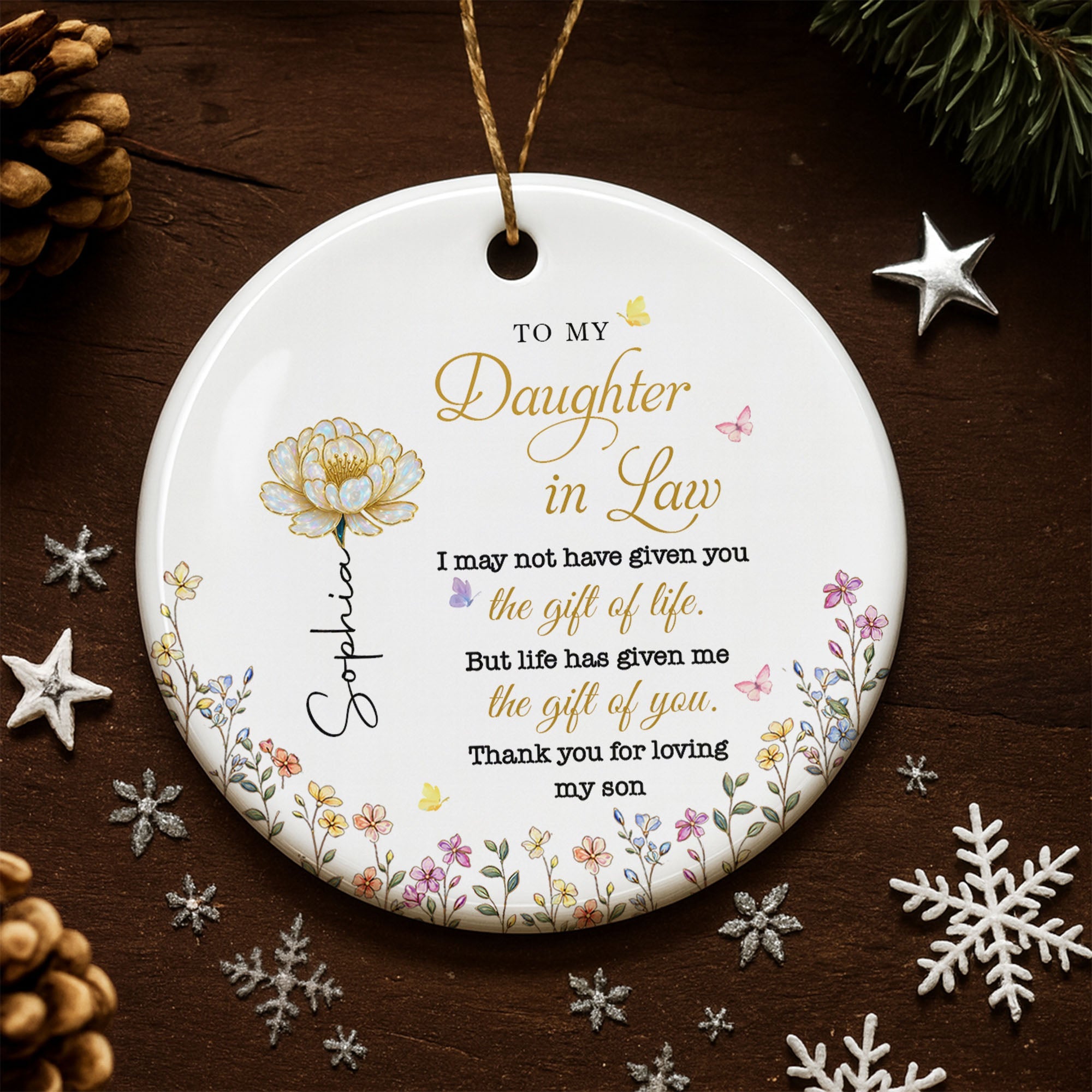 Personalized Ceramic Ornament for Daughter-in-Law Gift with Flowers Ceramic Ornament GradoCreations