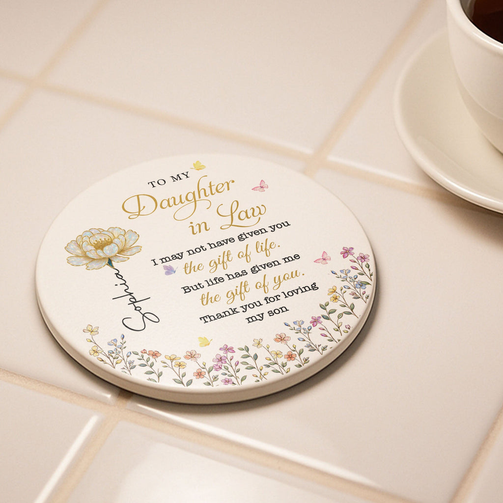 Personalized Ceramic Coaster Gift for Daughter-in-Law - Floral Design Ceramic Coaster GradoCreations