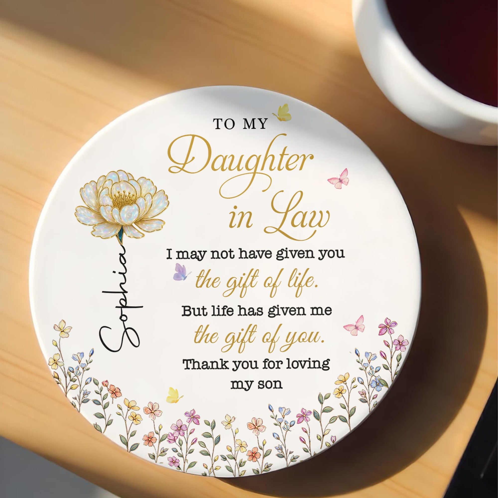 Personalized Ceramic Coaster Gift for Daughter-in-Law - Floral Design Ceramic Coaster GradoCreations
