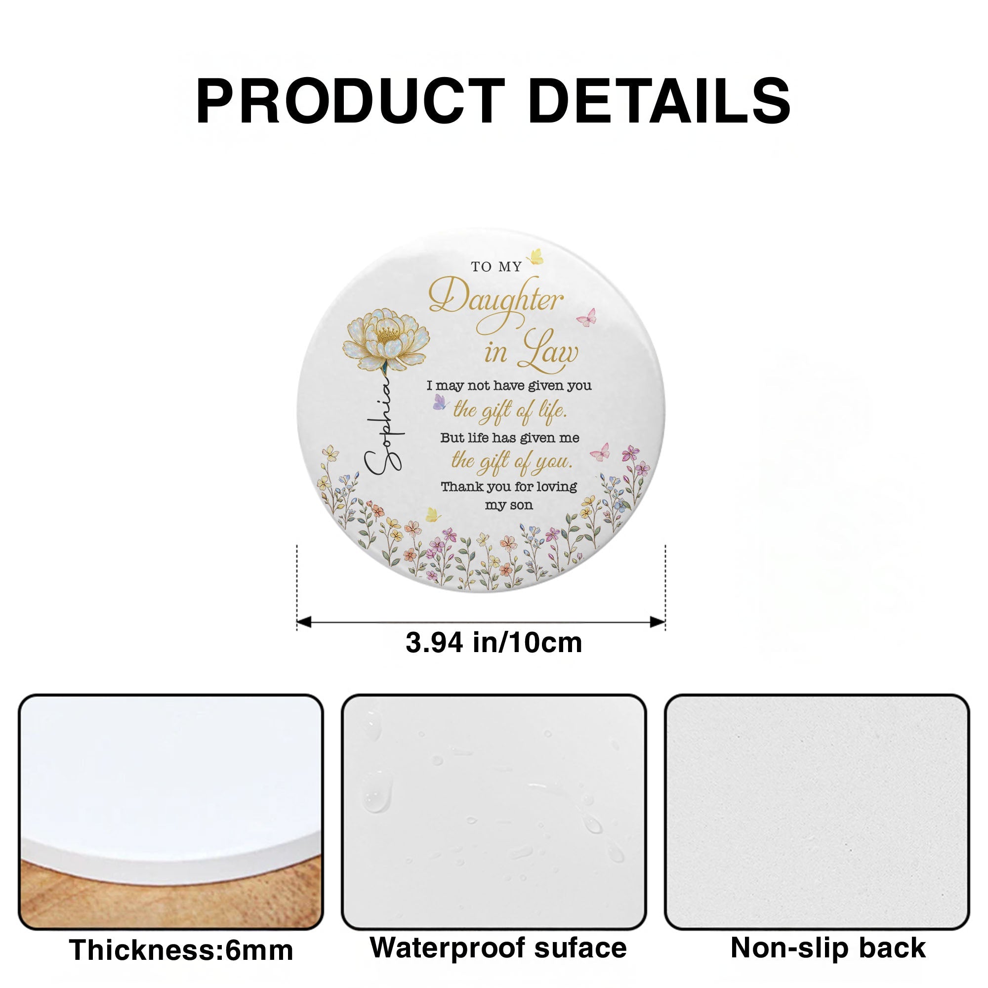 Personalized Ceramic Coaster Gift for Daughter-in-Law - Floral Design Ceramic Coaster GradoCreations