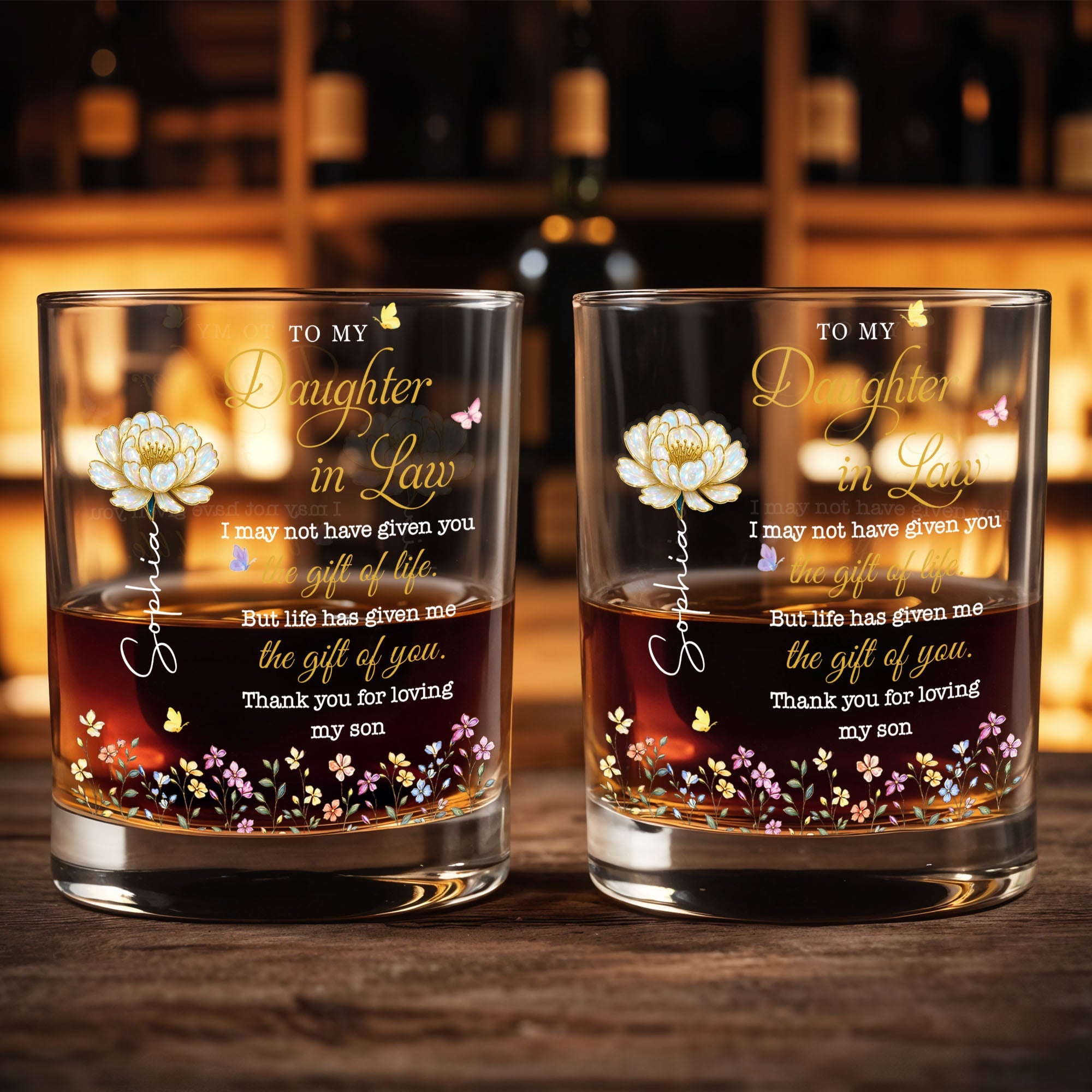 Personalized Whiskey Glass Custom Flowers Gift for Daughter-in-Law Whiskey Glass GradoCreations