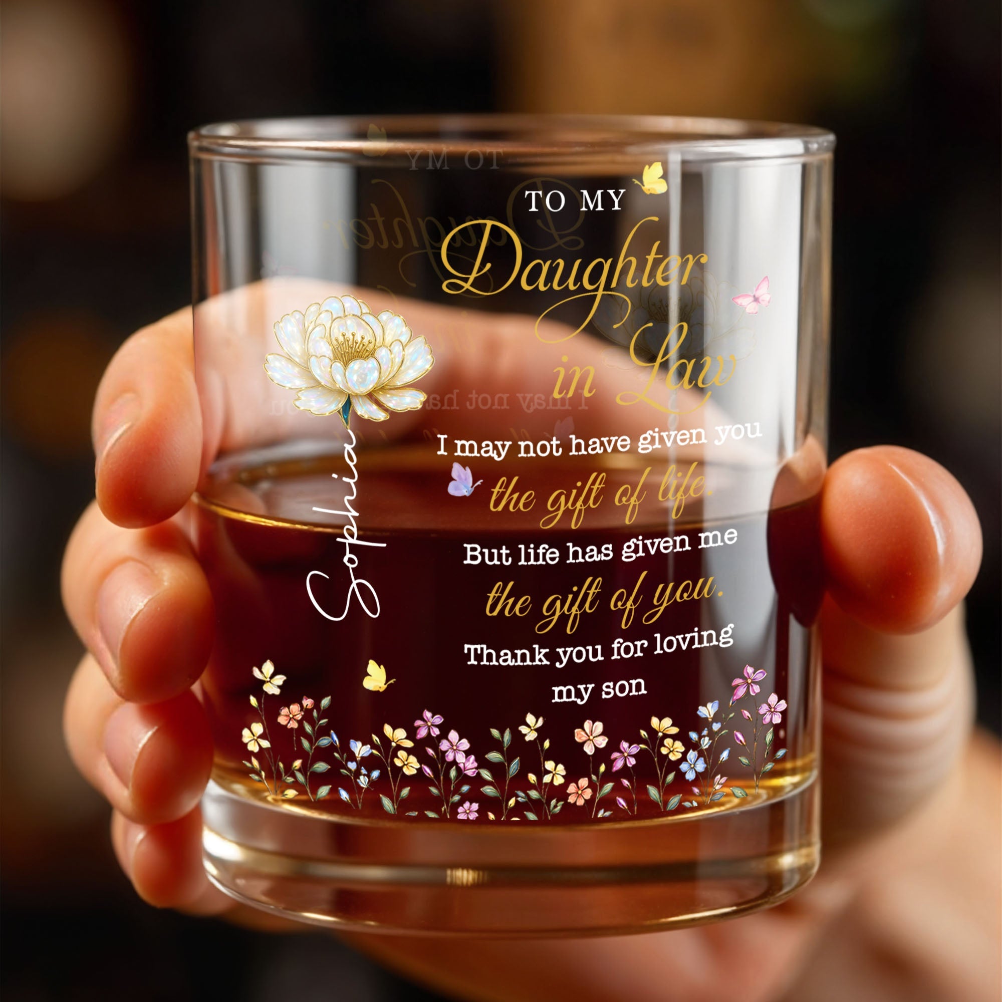 Personalized Whiskey Glass Custom Flowers Gift for Daughter-in-Law Whiskey Glass GradoCreations