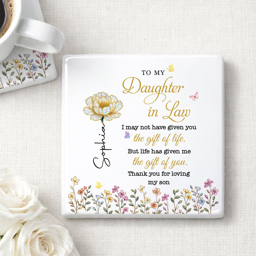 Personalized Ceramic Coaster Custom Flower Design Gift for Daughter-in-Law Square Ceramic Coaster GradoCreations