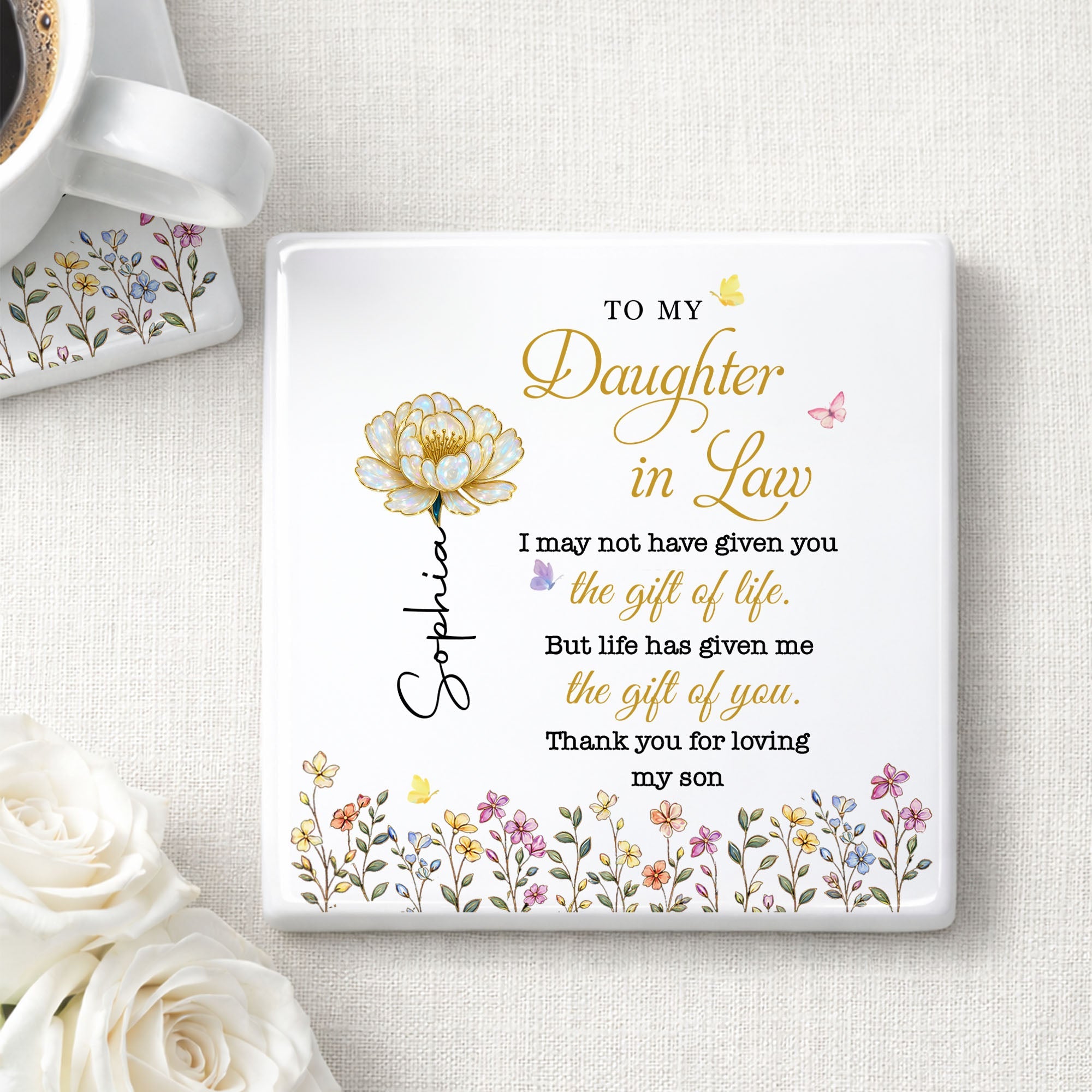 Personalized Ceramic Coaster Custom Flower Design Gift for Daughter-in-Law Square Ceramic Coaster GradoCreations