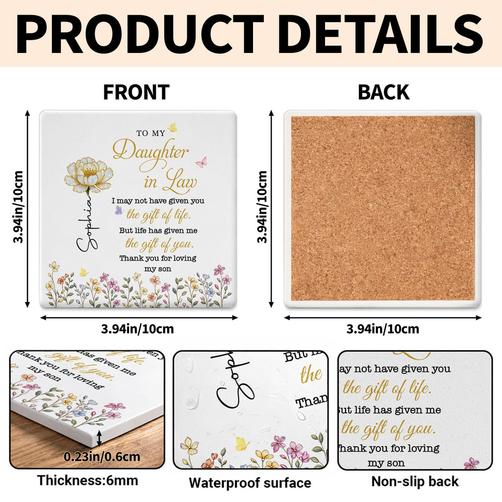 Personalized Ceramic Coaster Custom Flower Design Gift for Daughter-in-Law Square Ceramic Coaster GradoCreations