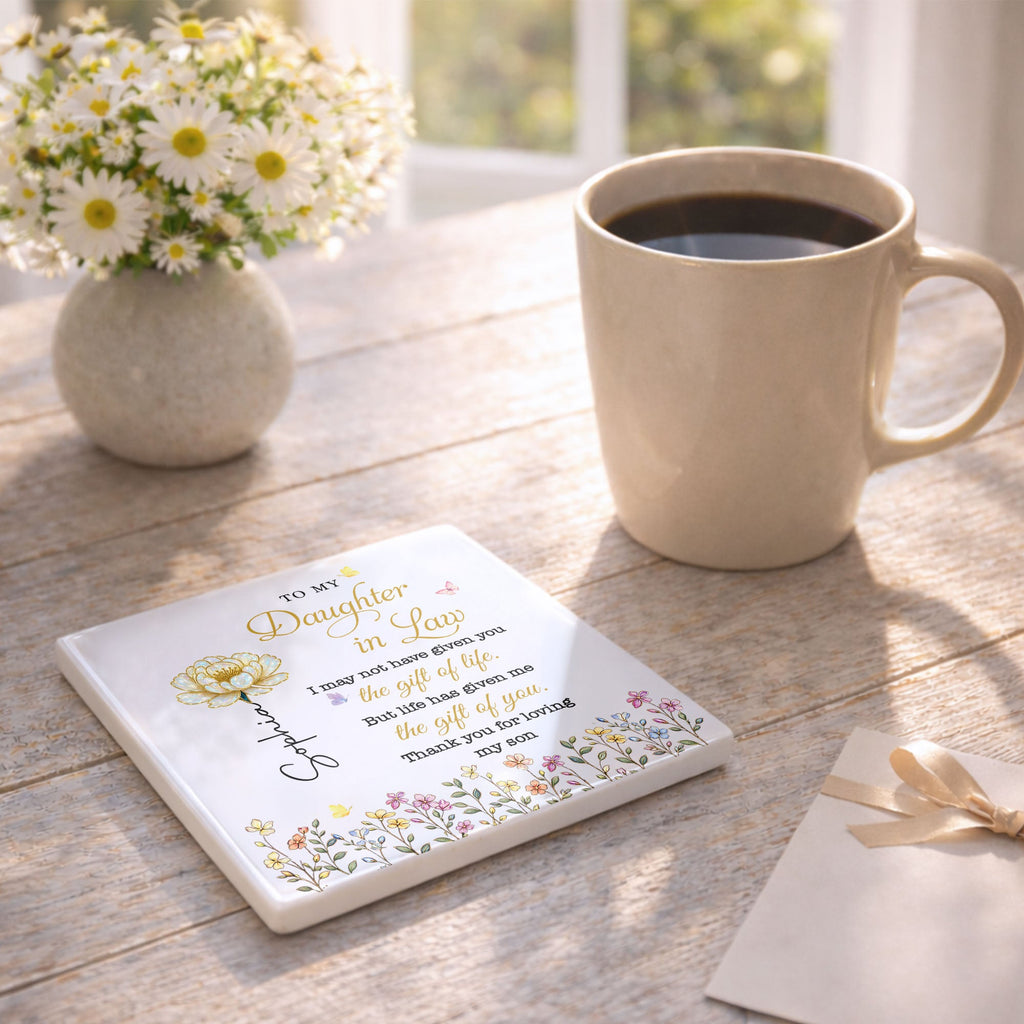 Personalized Ceramic Coaster Custom Flower Design Gift for Daughter-in-Law Square Ceramic Coaster GradoCreations