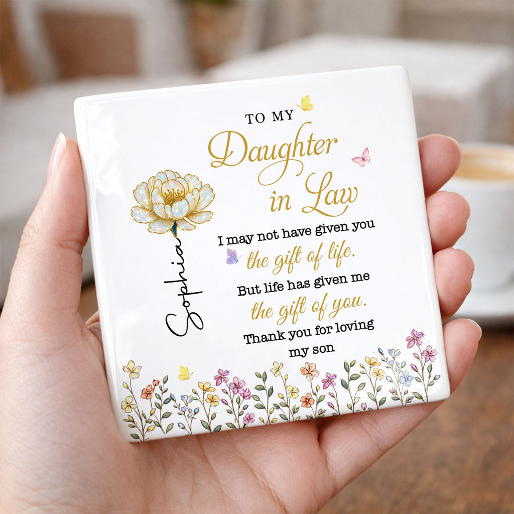 Personalized Ceramic Coaster Custom Flower Design Gift for Daughter-in-Law Square Ceramic Coaster GradoCreations