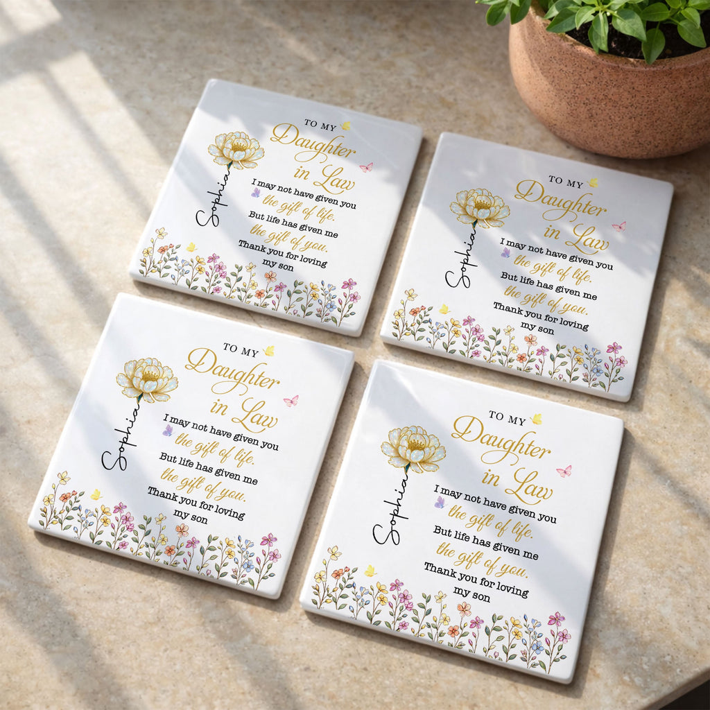 Personalized Ceramic Coaster Custom Flower Design Gift for Daughter-in-Law Square Ceramic Coaster GradoCreations